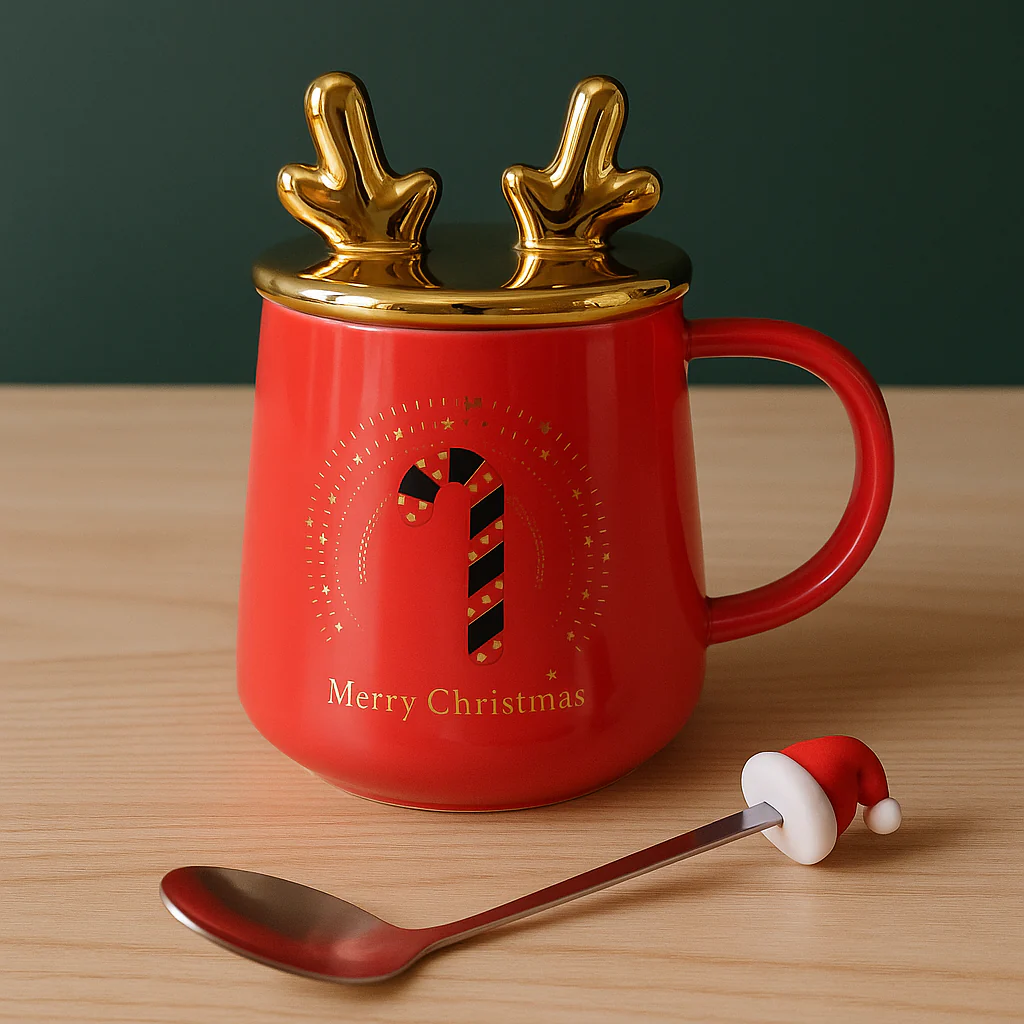 Merry Christmas Ceramic Mug with Golden Reindeer Lid & Santa Spoon – Festive Gift (400 ml) - Image 8