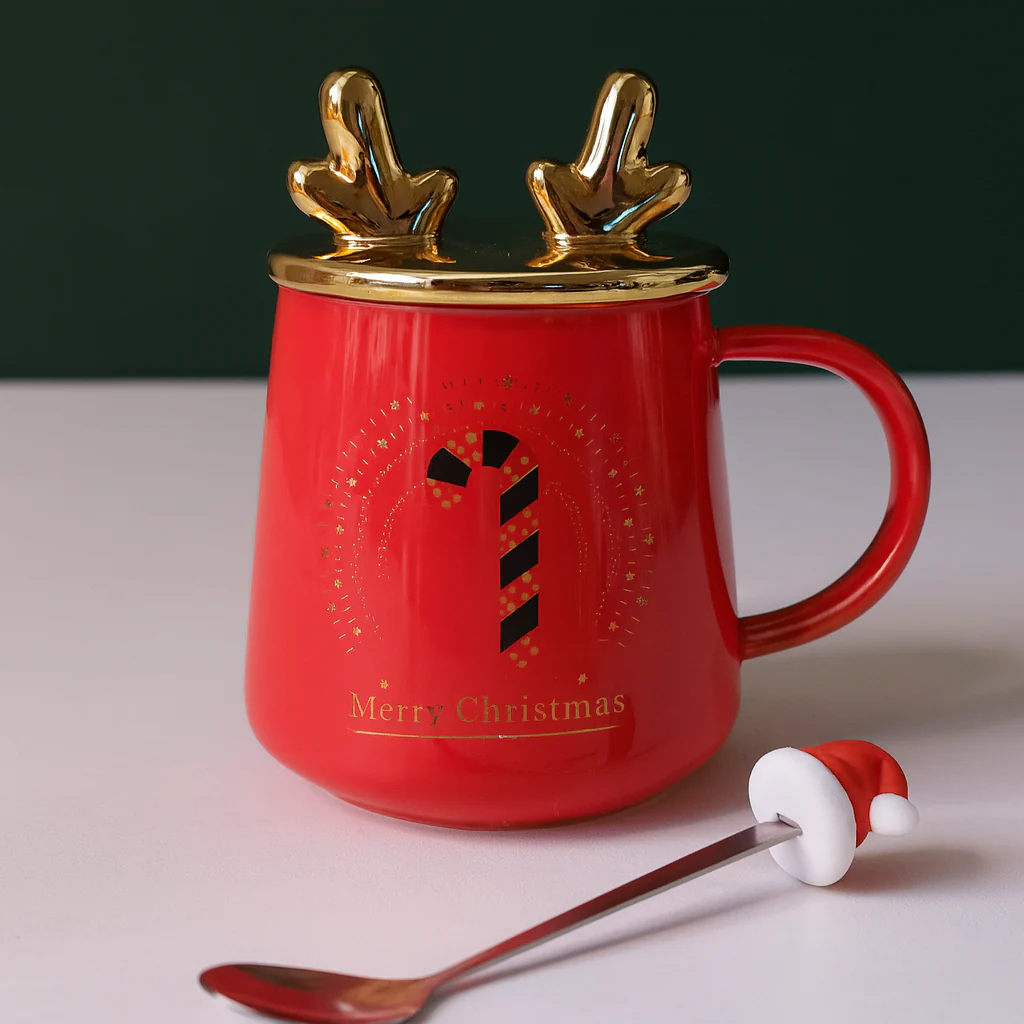 Merry Christmas Ceramic Mug with Golden Reindeer Lid & Santa Spoon – Festive Gift (400 ml) - Image 9