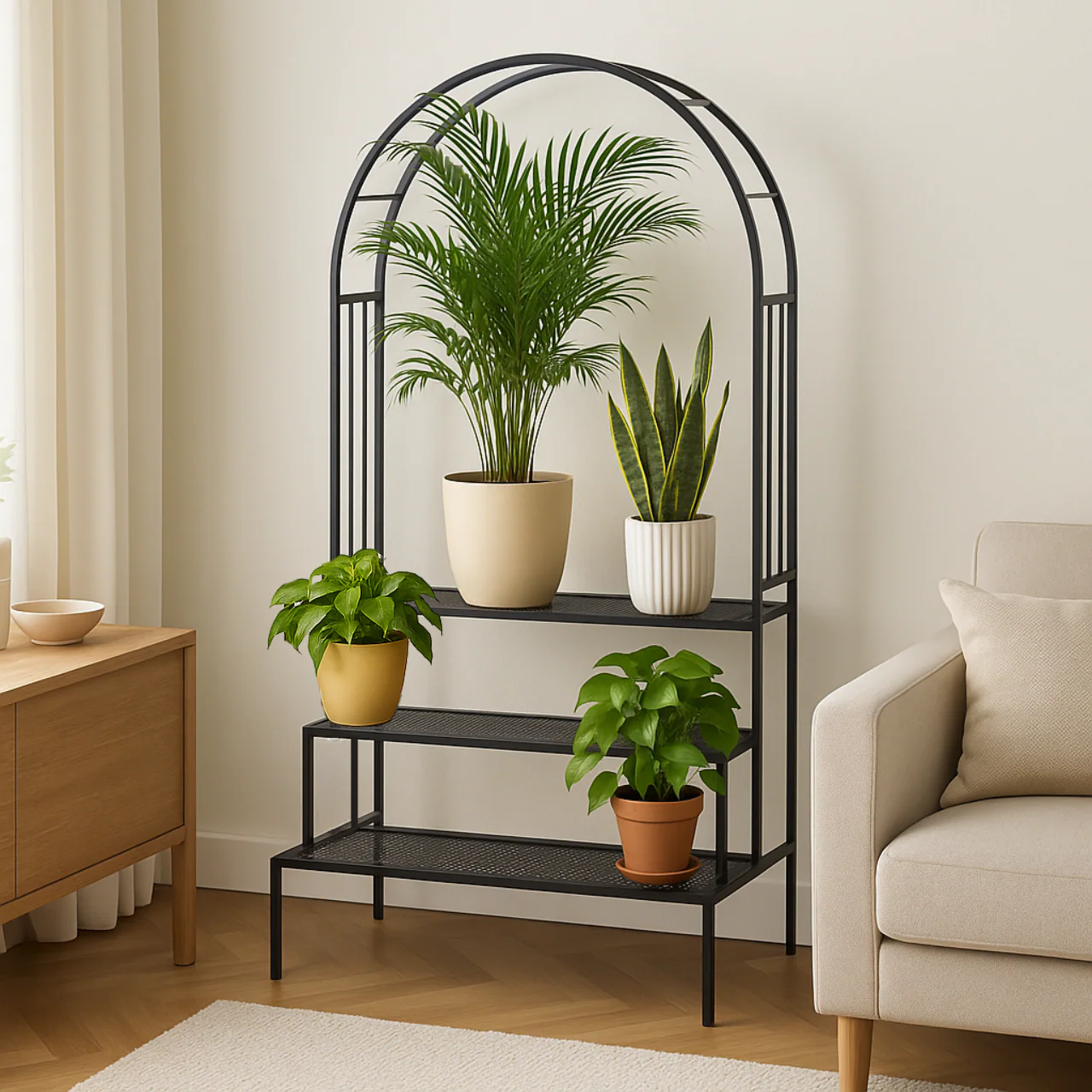 Metal Plant Stand with Arch Trellis | 3-Tier Ladder Design for Potted & Hanging Plants | Ecofynd
