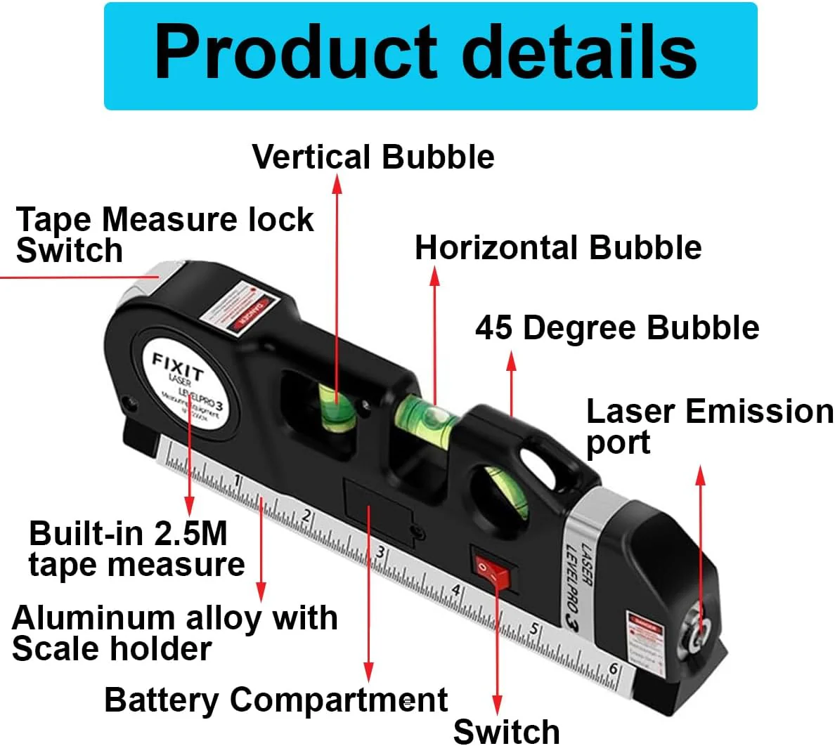 Metrix: 4-in-1 Multipurpose Laser Spirit Level with 8ft Measuring Tape, Built-in Bubble Level, Metric & Imperial Ruler for Picture Hanging & DIY Projects - Image 2