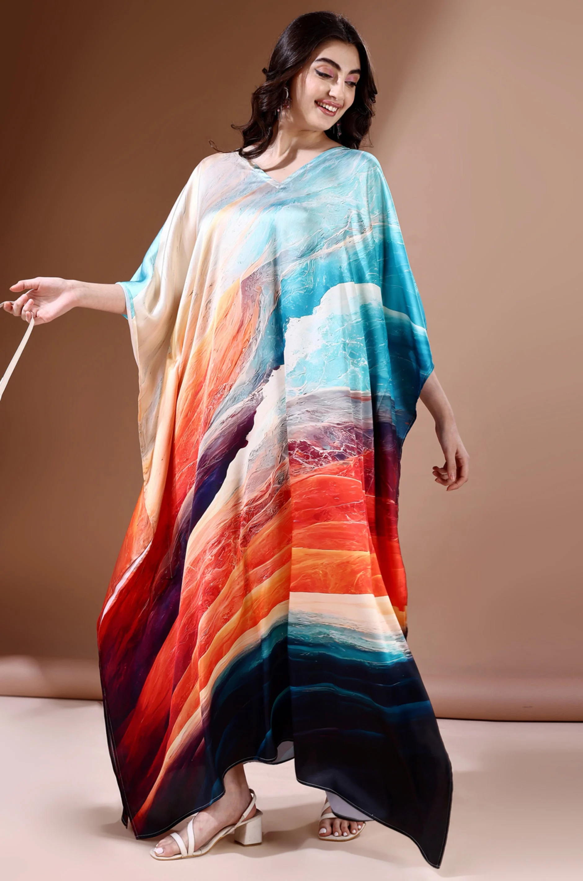 Midnight Ocean Soft Satin Kaftan With Digital Print - Image 6