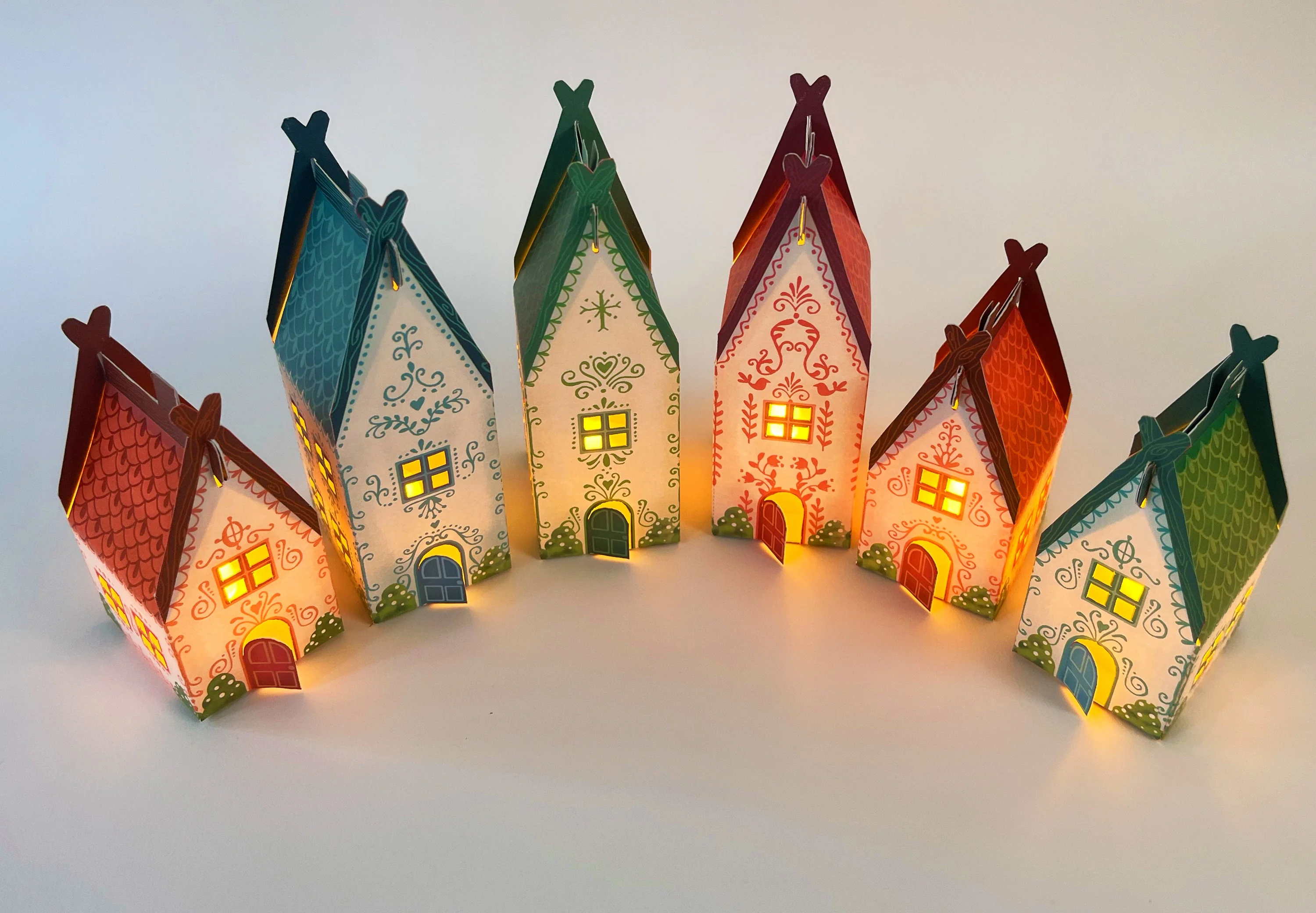 Mini Christmas Village: Set of 6 House Tea Light Holders with Electric Tea Lights - Image 3