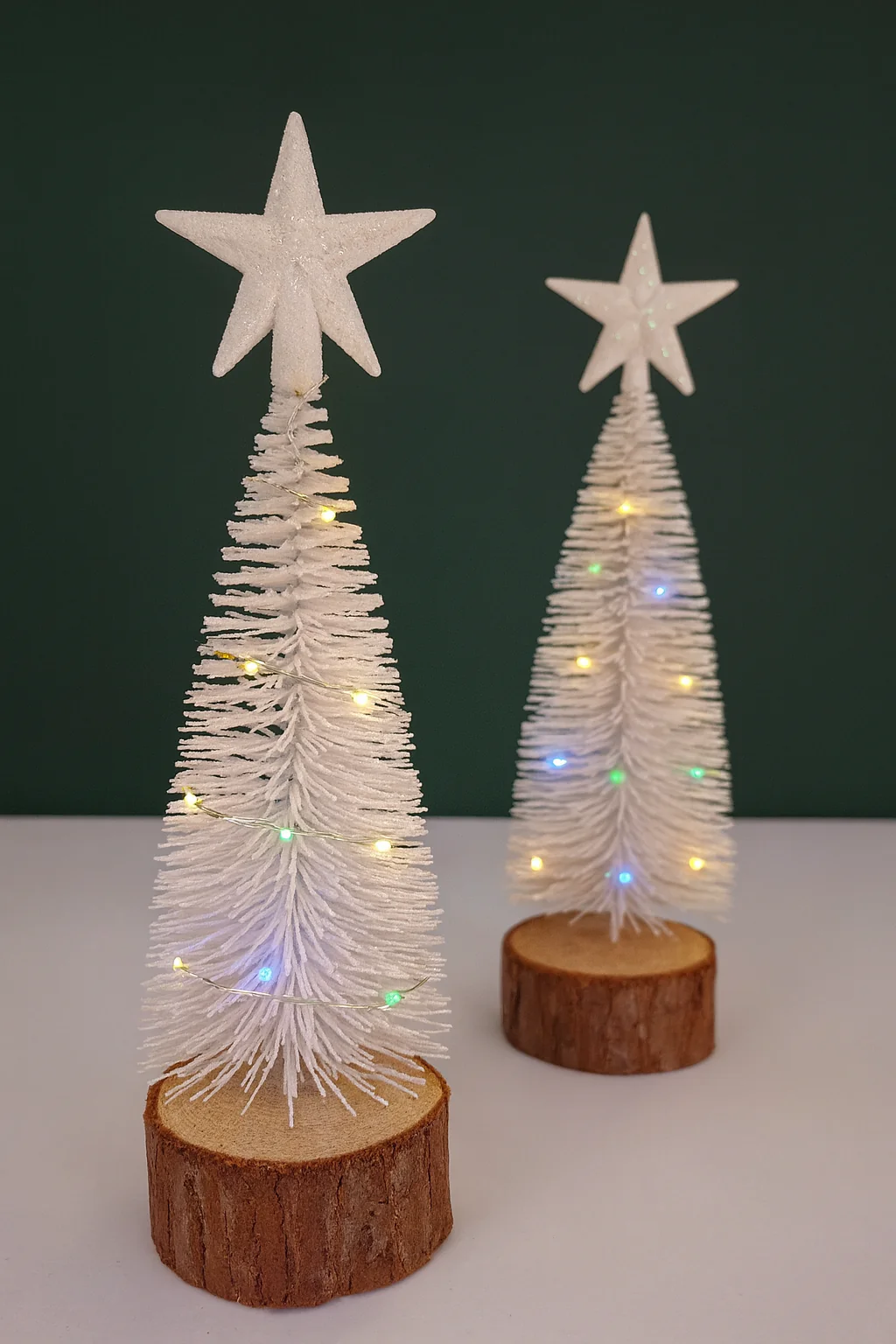 Mini White LED Christmas Tree with Wooden Base Set of 2 - Image 4
