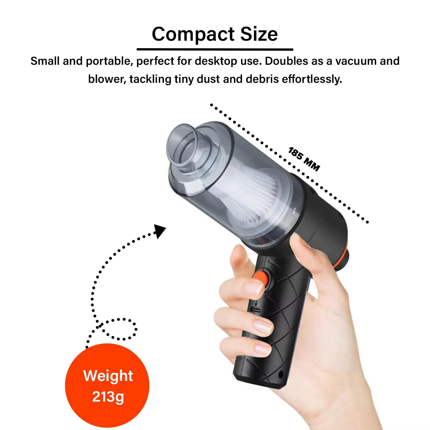 MiniVac: Type-C Rechargeable 2-in-1 Portable Vacuum Cleaner & Blower with Powerful Suction & 3 Nozzles for Car, Home & Office - Image 2