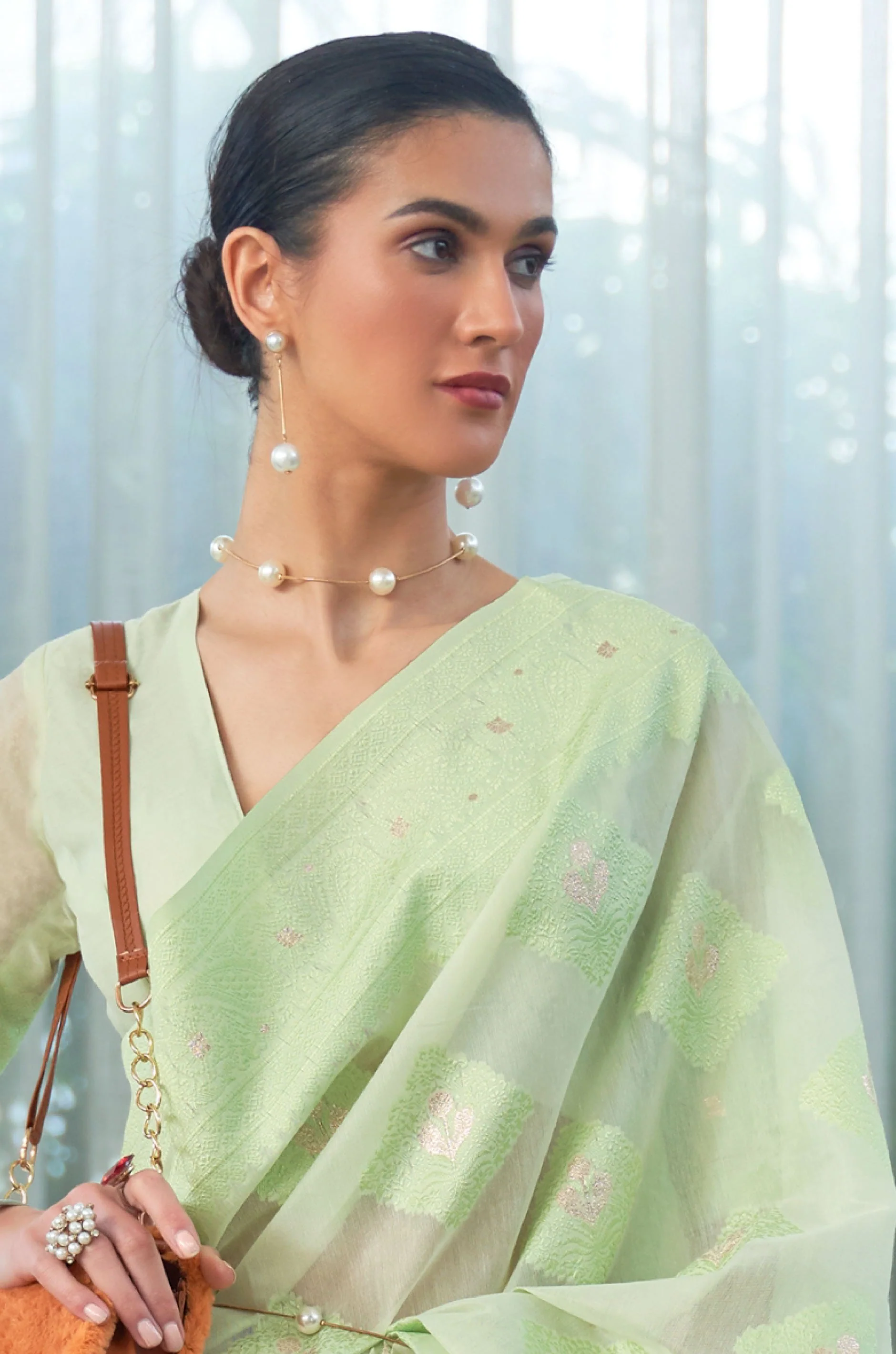 Mint Green Woven Chikankari Banarasi Saree - Image 4