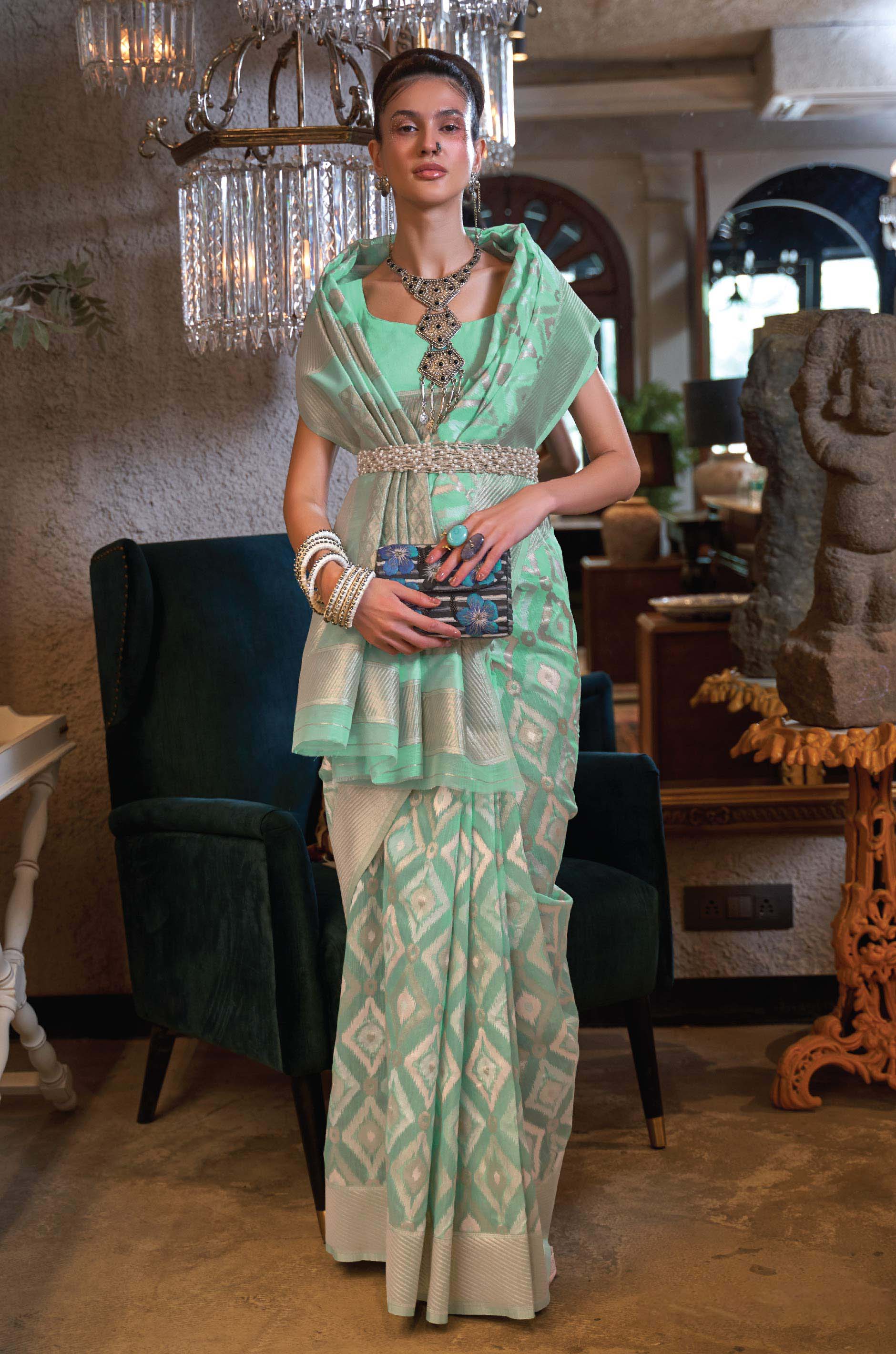 Mint Green Woven Linen Saree