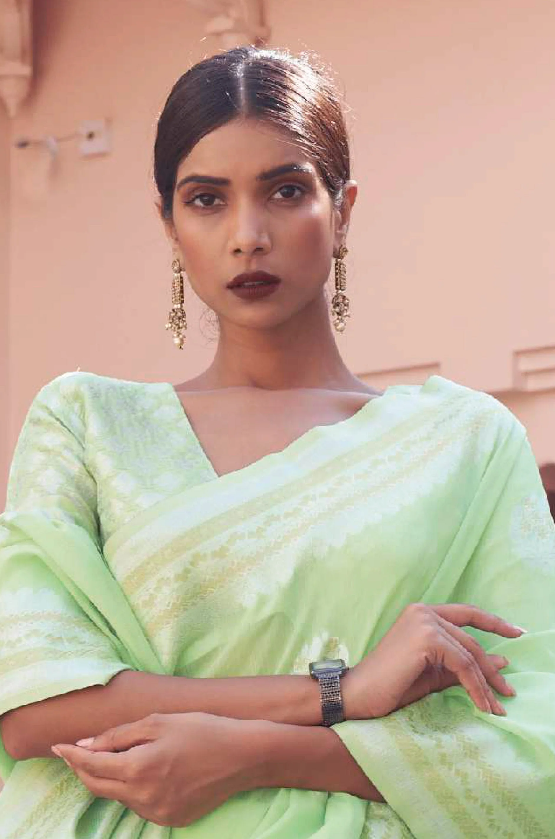 Mint Green Woven Linen Saree - Image 4