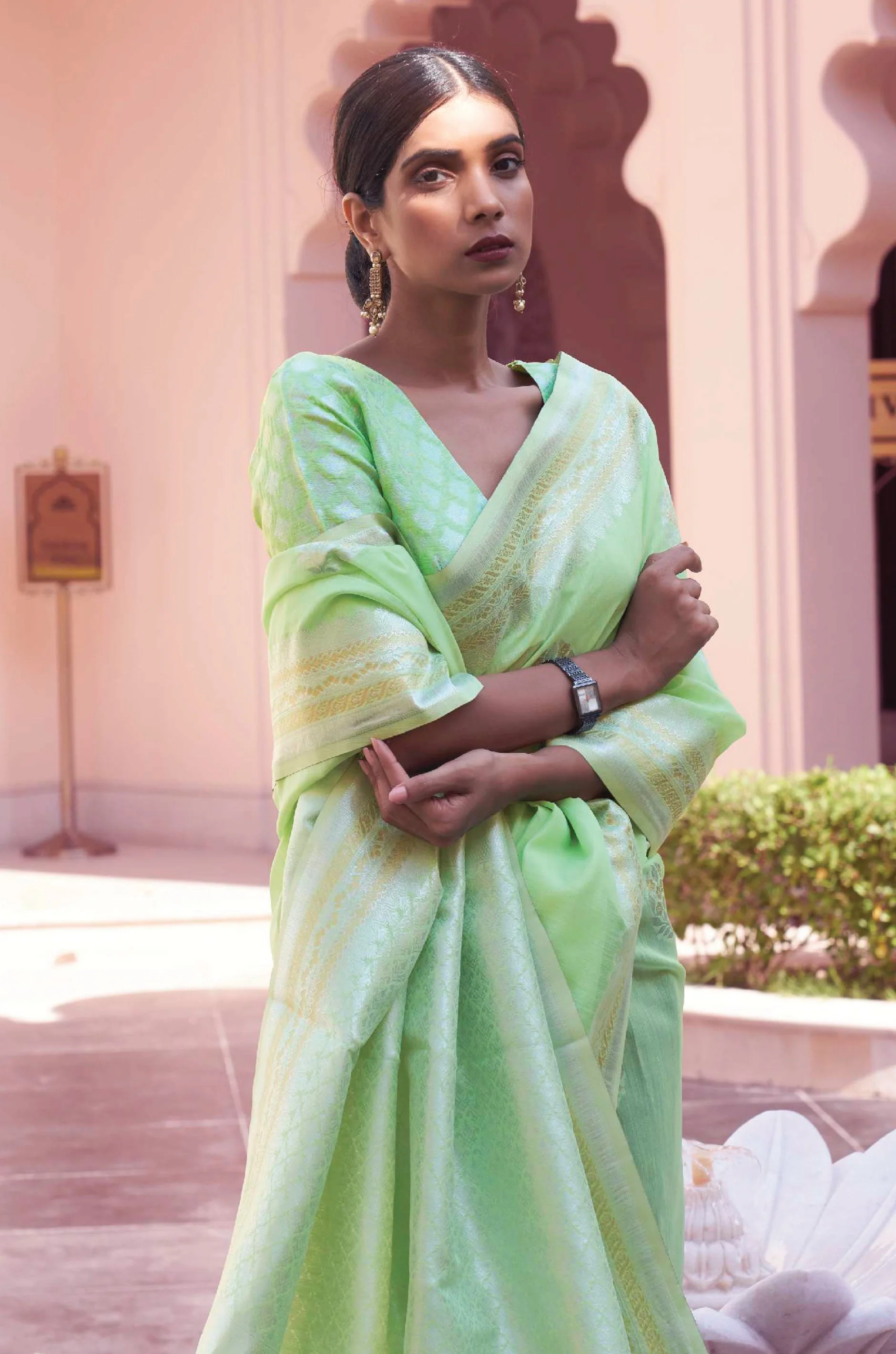 Mint Green Woven Linen Saree - Image 5