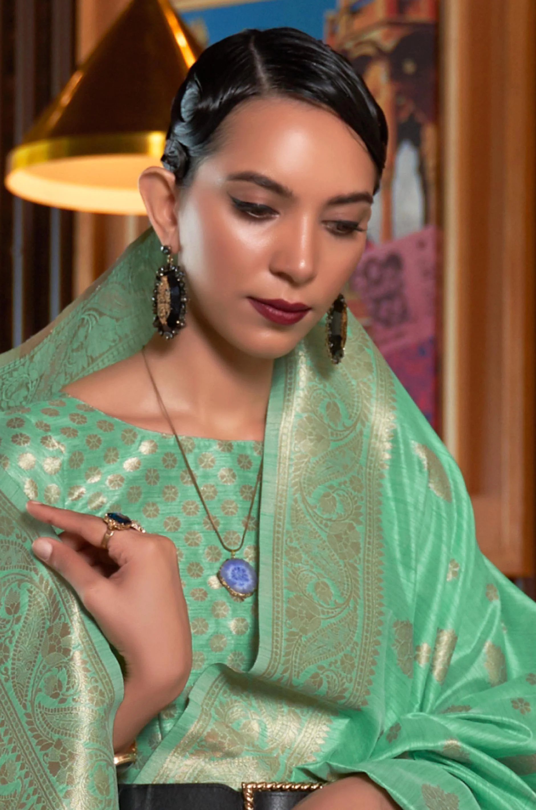 Mint Green Woven Tussar Silk Saree - Image 4
