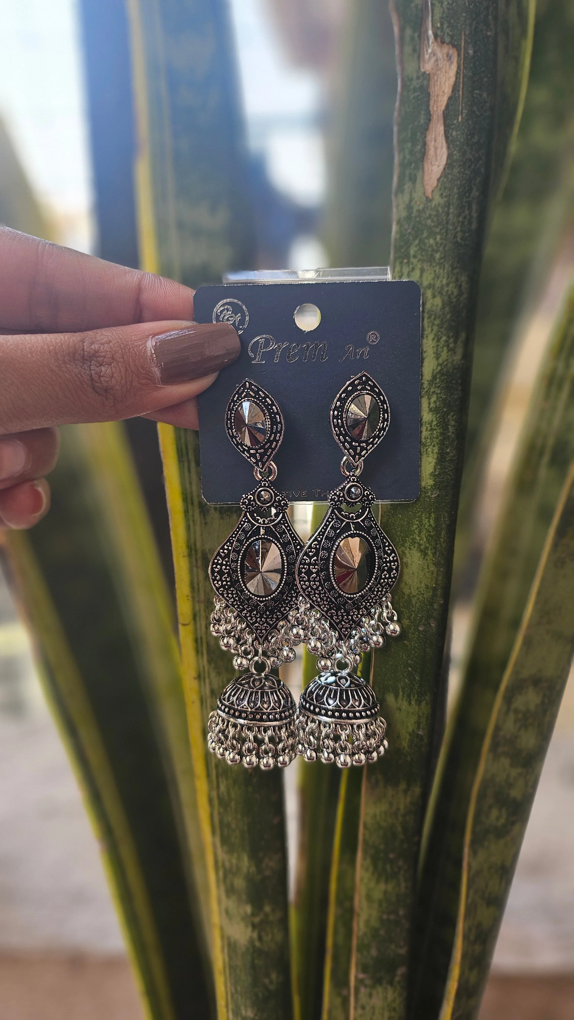 Mirror Work Oxidized Jhumka Earrings - Image 3