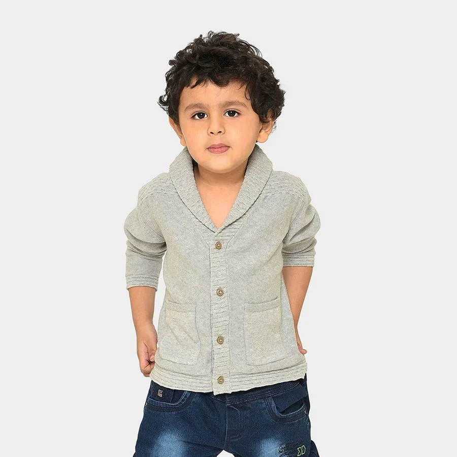 Misty Knitted Grey Shawl Collar Baby Boy Cardigan - Image 2