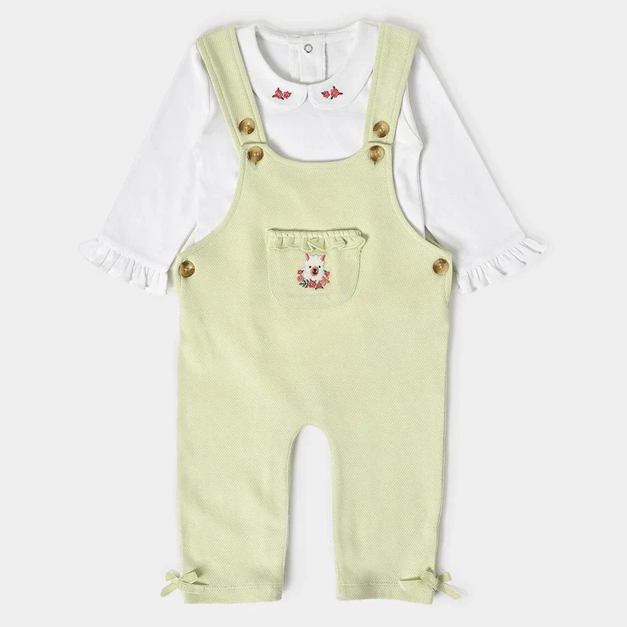 Misty White Romper With Light Green Baby Dungaree Set