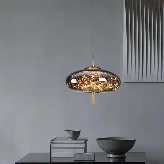 Modern Disk-Shaped LED Pendant Light with Starry Warm Glow – Golden Hanging Ceiling Lamp for Dining, Kitchen & Living Room Decor - Image 5