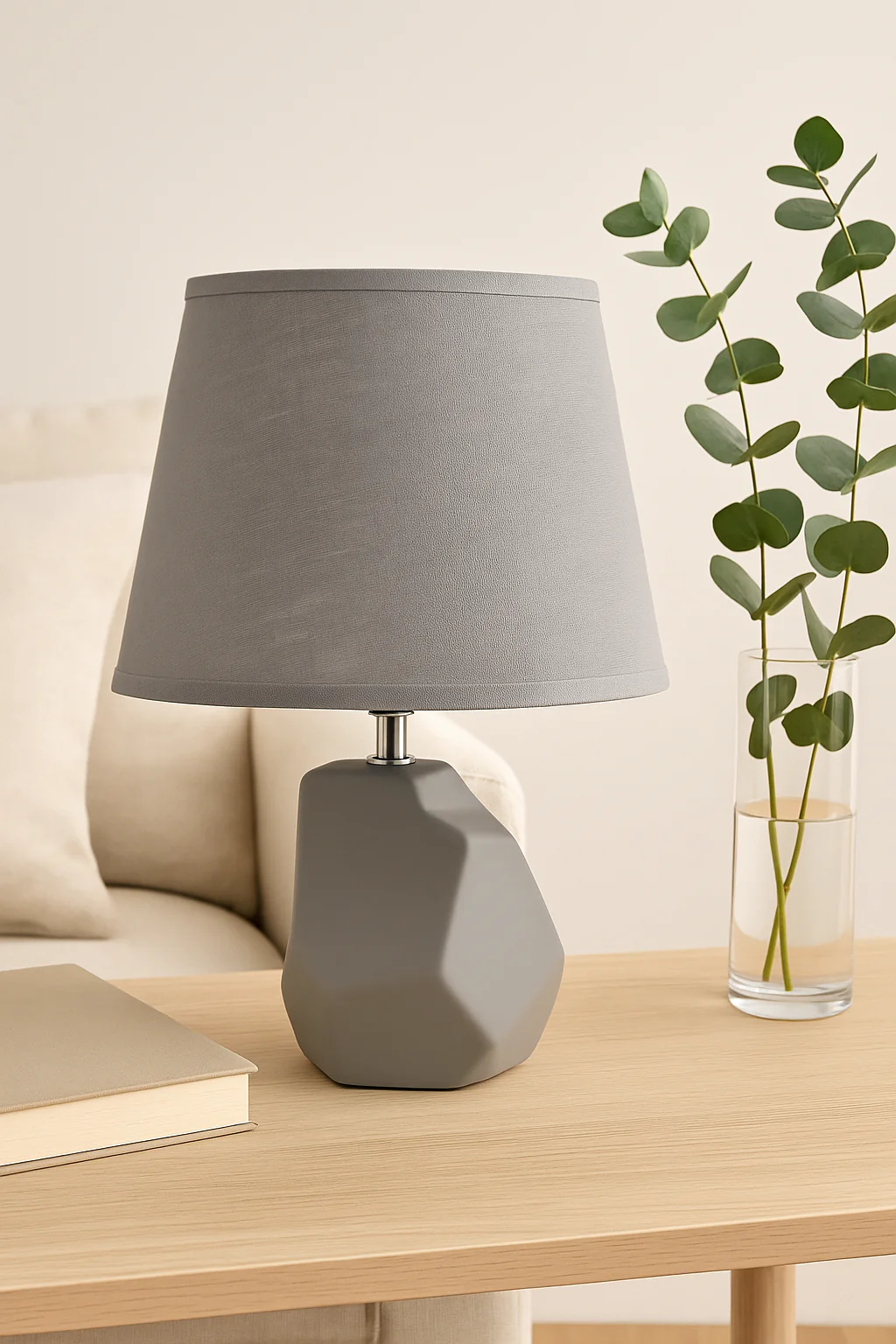 Modern Geometric Ceramic Table Lamp – Beige & Gray Finish with Off-White Shade - Image 6