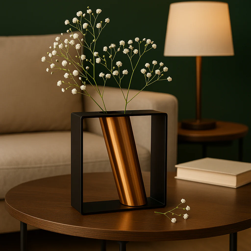 Modern Metal Frame Flower Vase with Golden Tube | Tabletop Decorative Centerpiece for Dining Table, Living Room & Office | (15 x 17 x 6 cm) - Image 4