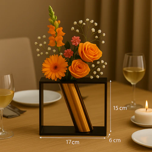Modern Metal Frame Flower Vase with Golden Tube | Tabletop Decorative Centerpiece for Dining Table, Living Room & Office | (15 x 17 x 6 cm) - Image 6