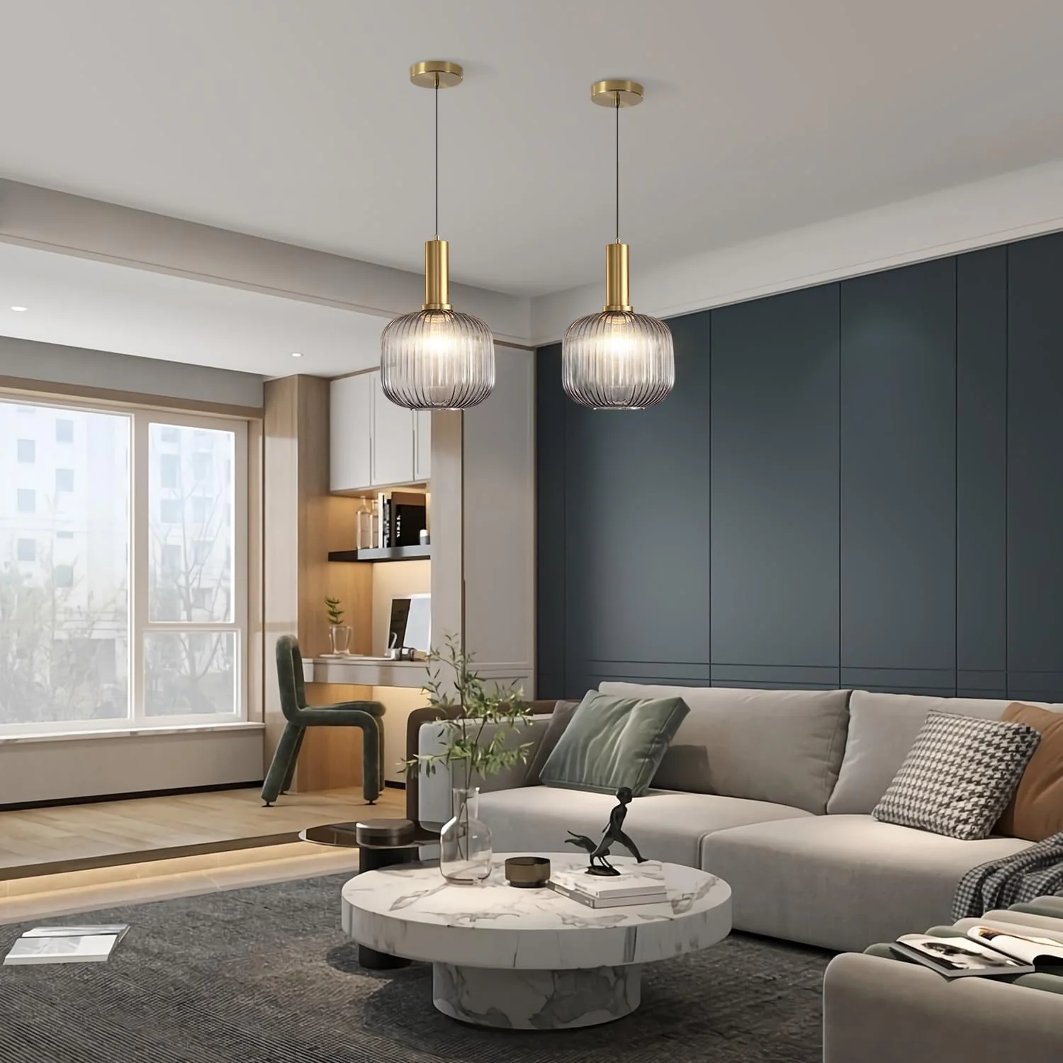 Modern Ribbed Glass Pendant Light with Gold Finish – Hanging Ceiling Lamp for Kitchen Island, Dining, Bedroom & Living Room