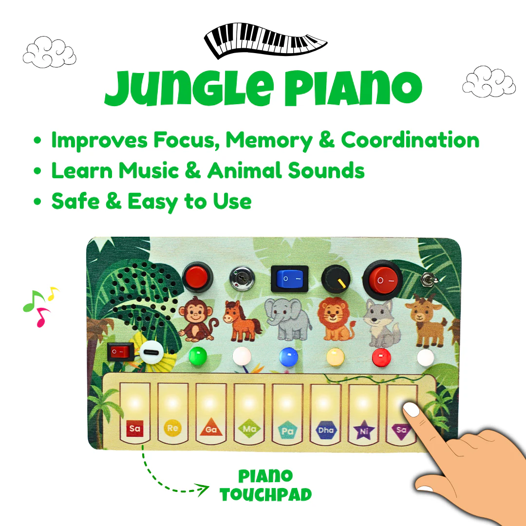 Montessori Jungle Piano-V10: 5-in-1 Wooden Musical Busy Board for Toddlers - Image 3