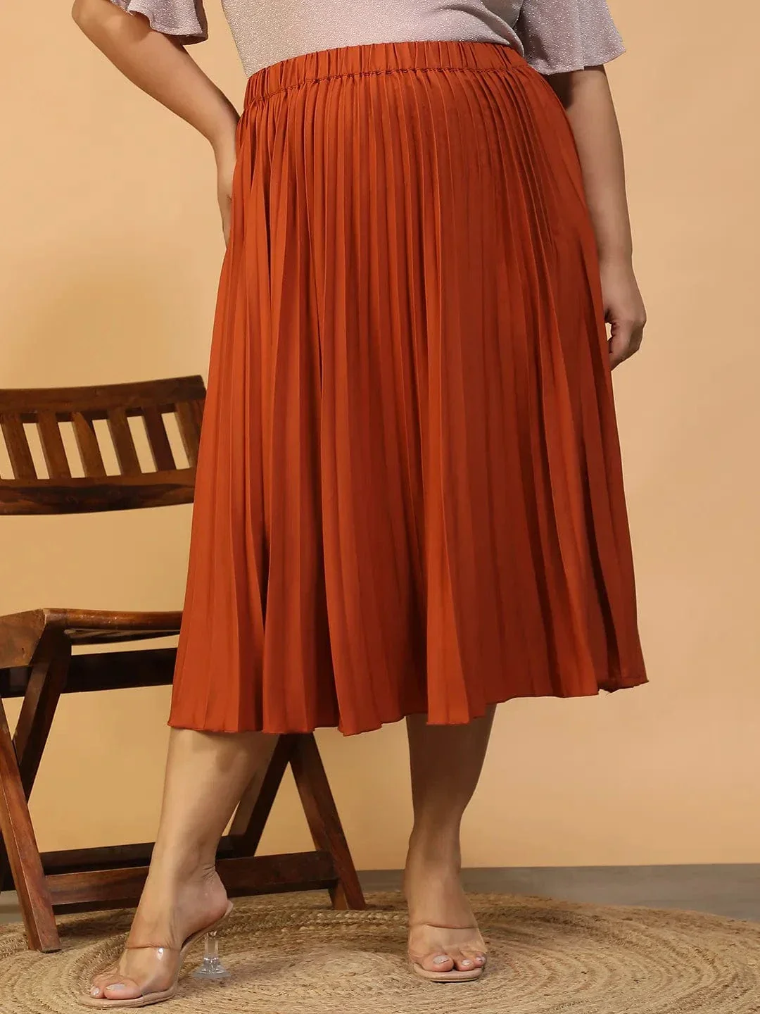 Moodcore Rust Elasticated Pleated Plus Size Women Skirt