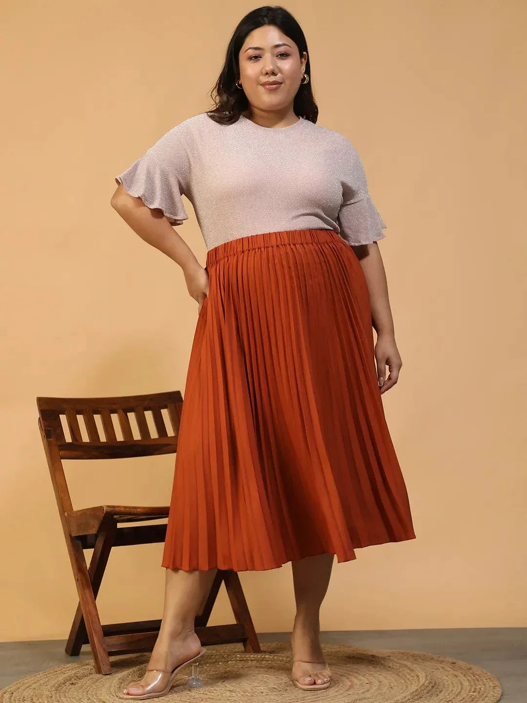 Moodcore Rust Elasticated Pleated Plus Size Women Skirt - Image 2