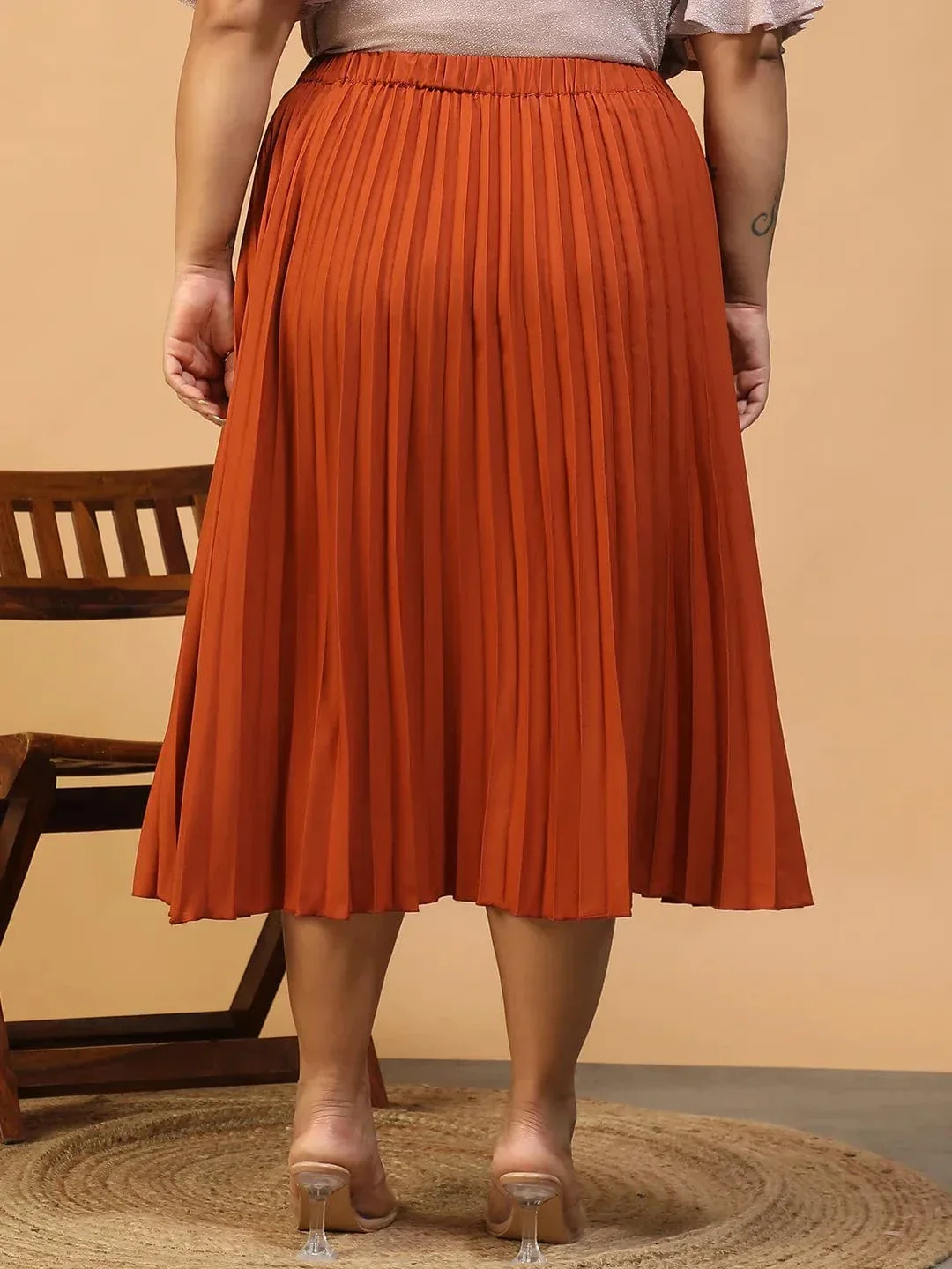 Moodcore Rust Elasticated Pleated Plus Size Women Skirt - Image 5