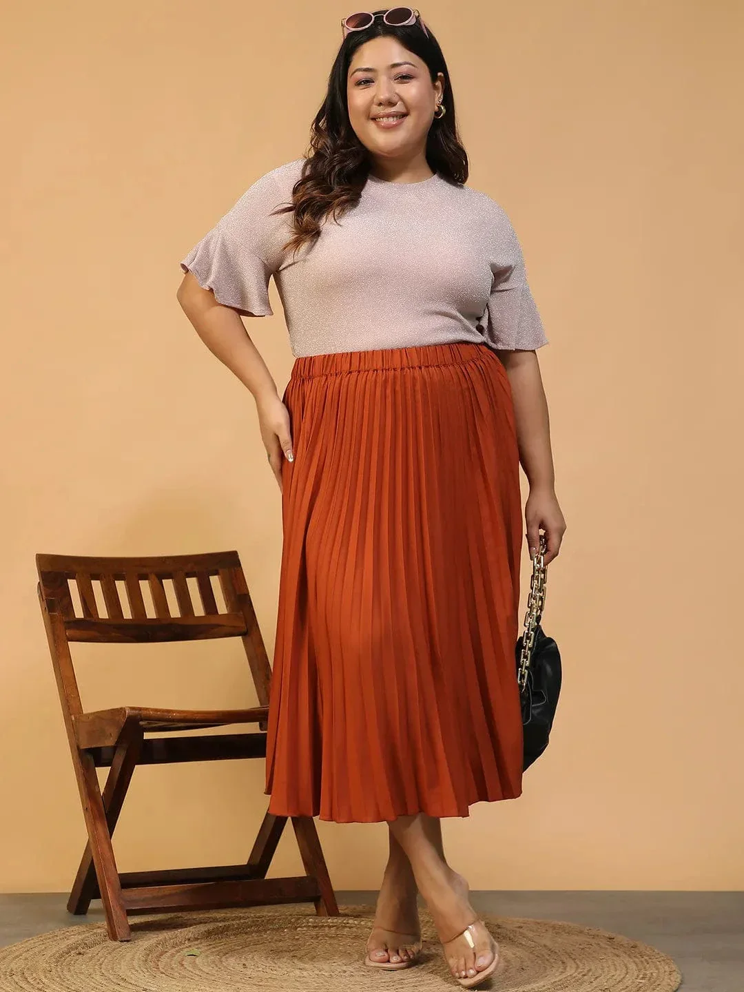 Moodcore Rust Elasticated Pleated Plus Size Women Skirt - Image 7