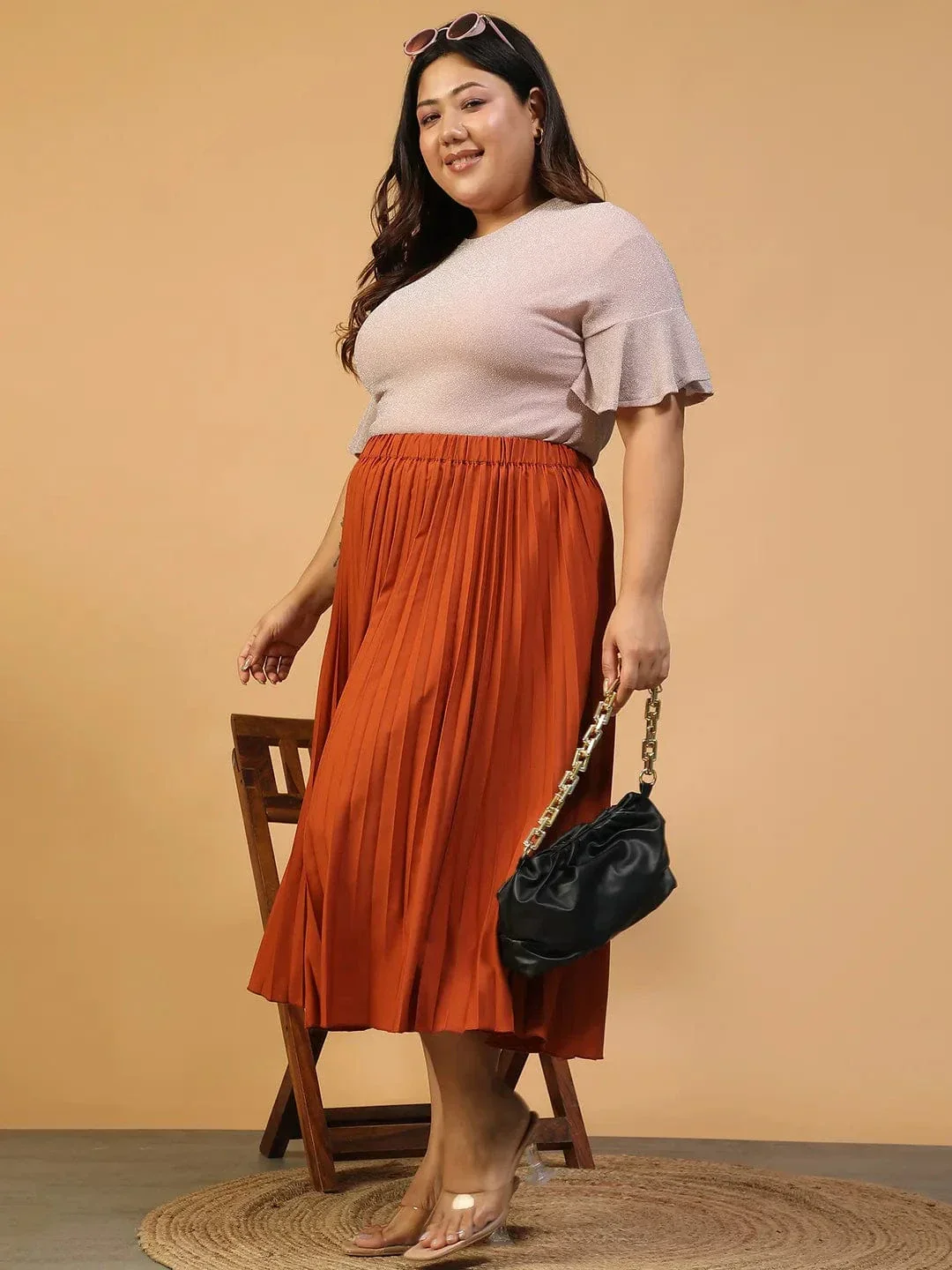 Moodcore Rust Elasticated Pleated Plus Size Women Skirt - Image 8