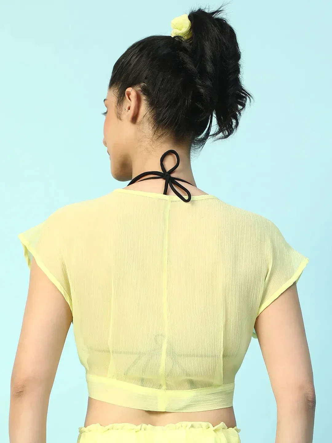 Moody Solid Yellow Short Sleeve Tie-Up Knot Detail Women Beachwear Crop Top - Image 5