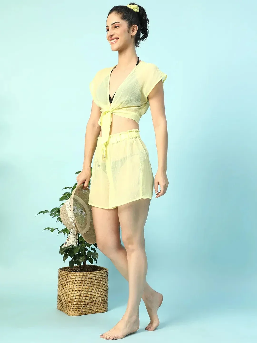 Moody Solid Yellow Short Sleeve Tie-Up Knot Detail Women Beachwear Crop Top - Image 8