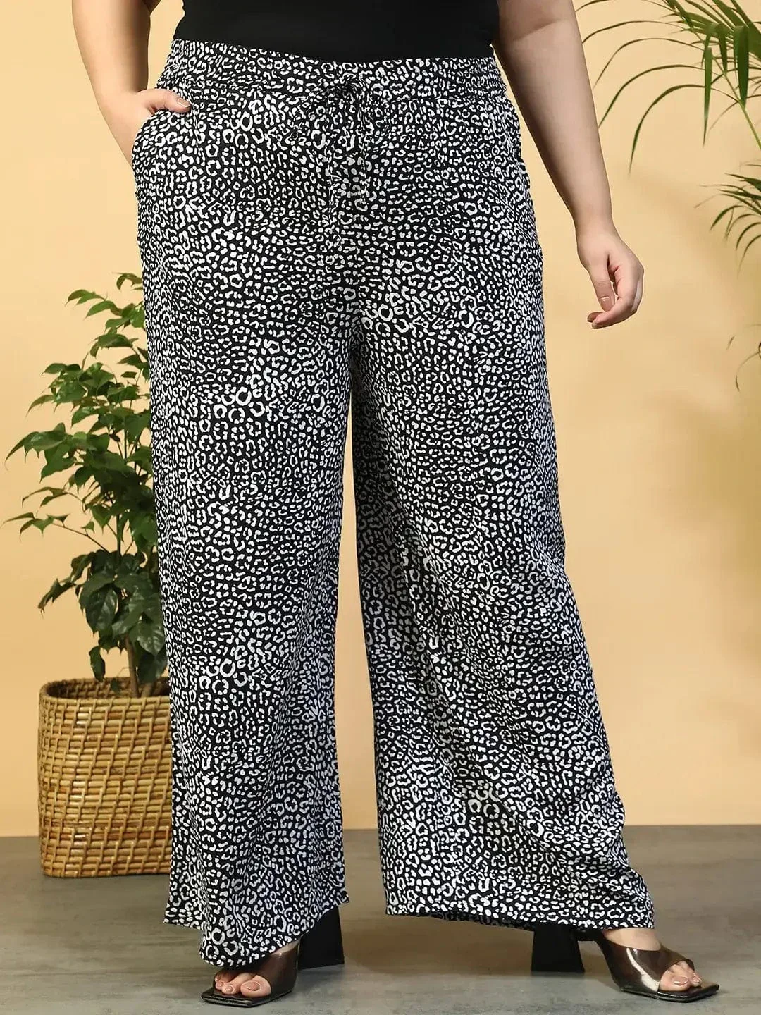 Moonless Black Animal Print Flared Elasticated Waist With Tie-Up Detail Plus Size Women Pant
