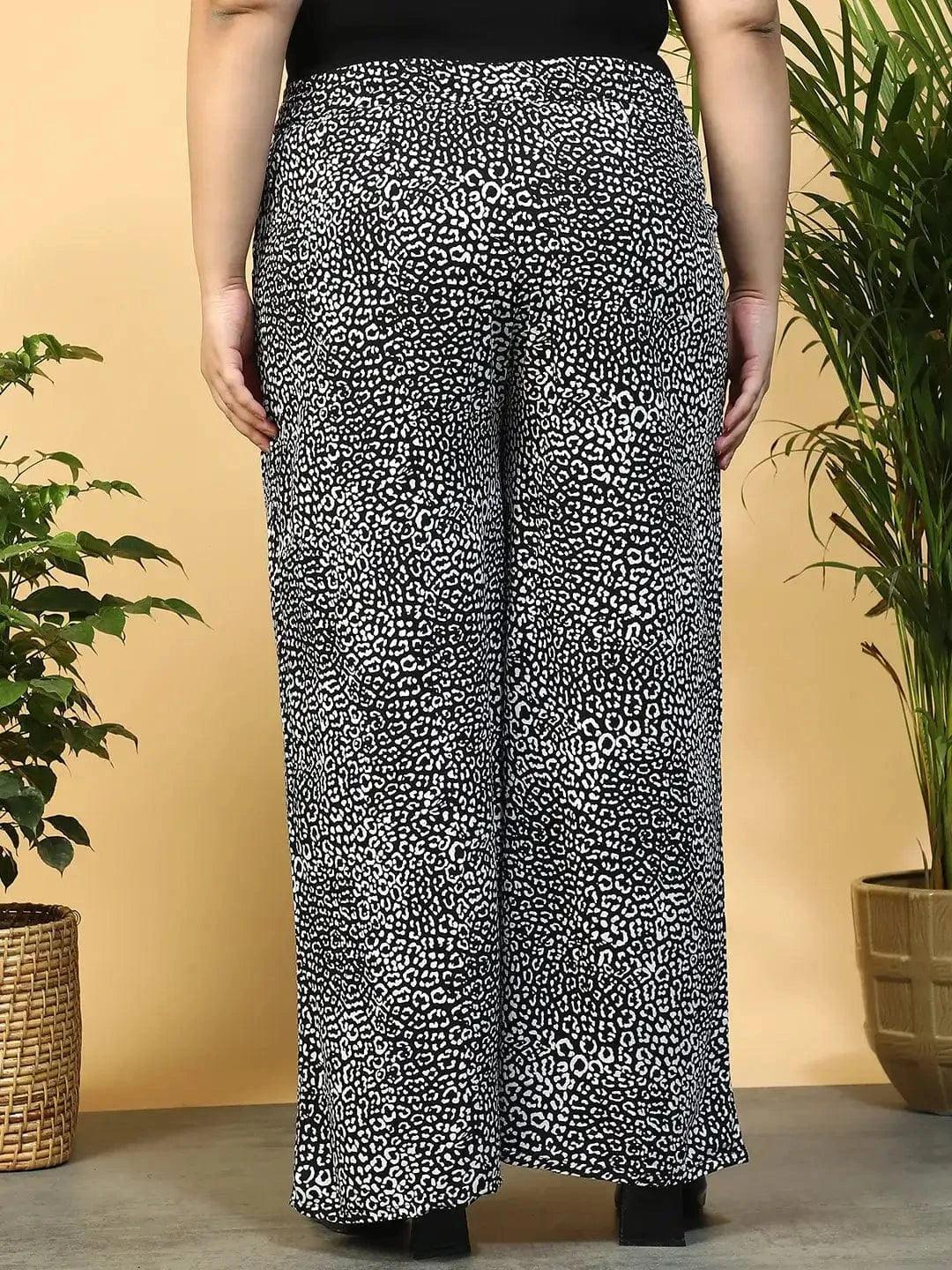 Moonless Black Animal Print Flared Elasticated Waist With Tie-Up Detail Plus Size Women Pant - Image 5