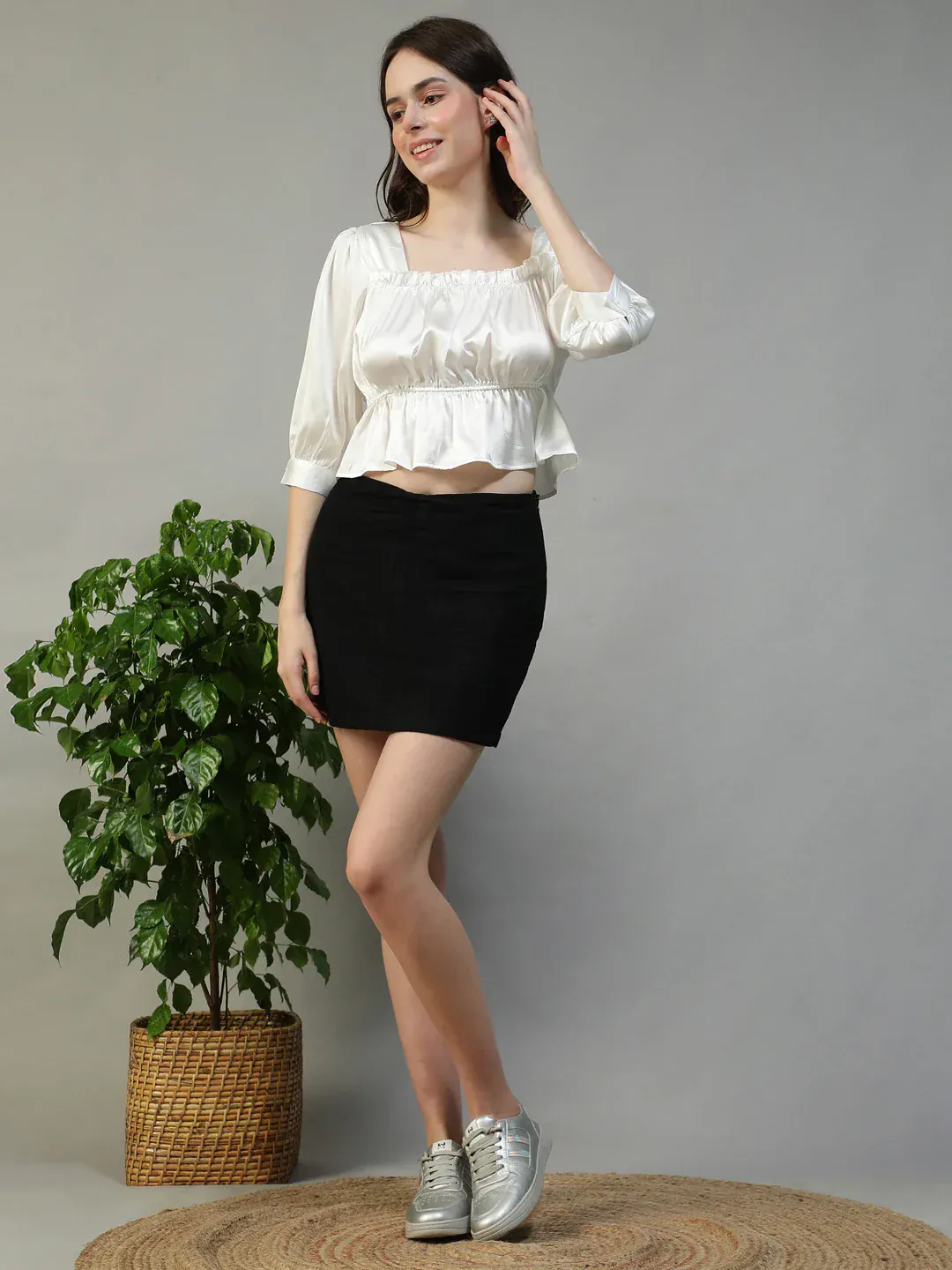 Moonstone White Square Neck 3/4 Sleeve Satin Women Top - Image 3