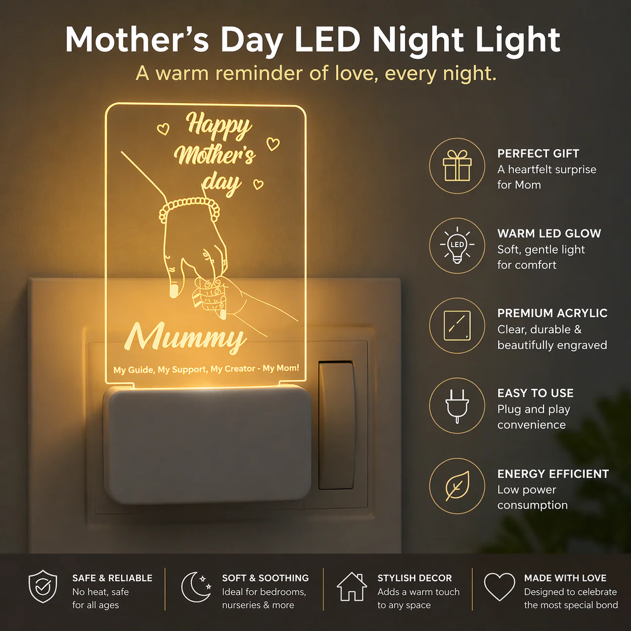 Mother’s Day LED Night Lamp – Acrylic “Mummy” Touch Night Light | Warm Glow Decorative Gift for Mom - Image 3