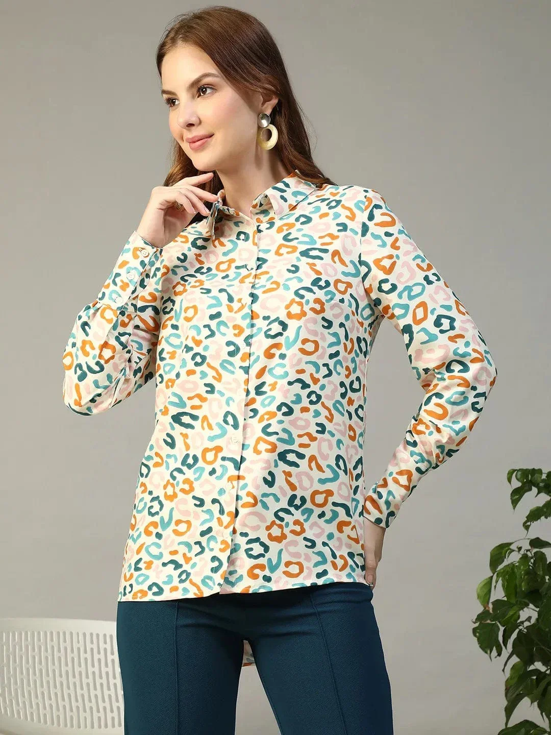 Multicolor Abstract Print Shirt - Women's Button Down Collared Long Sleeve Blouse