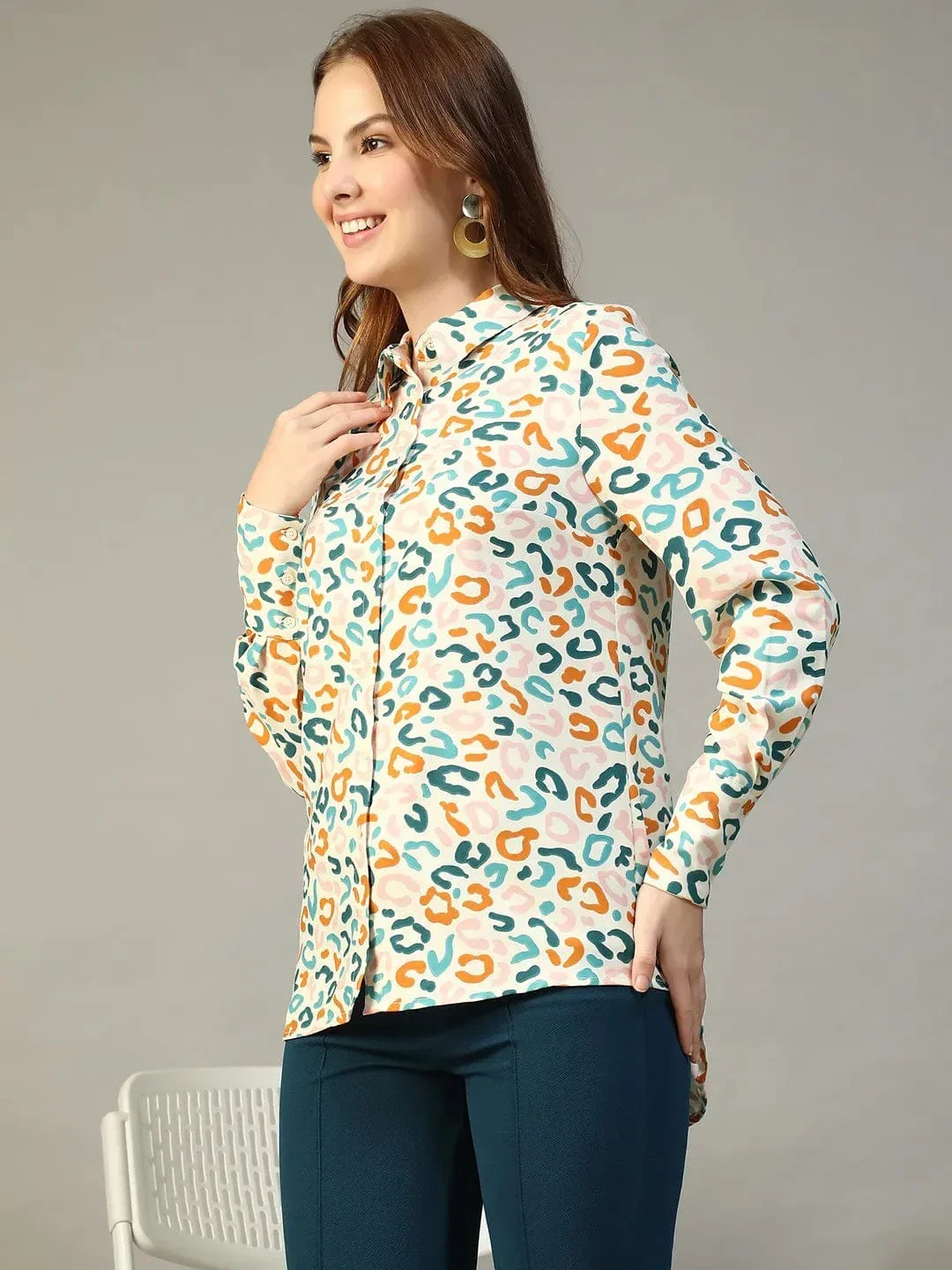 Multicolor Abstract Print Shirt - Women's Button Down Collared Long Sleeve Blouse - Image 3