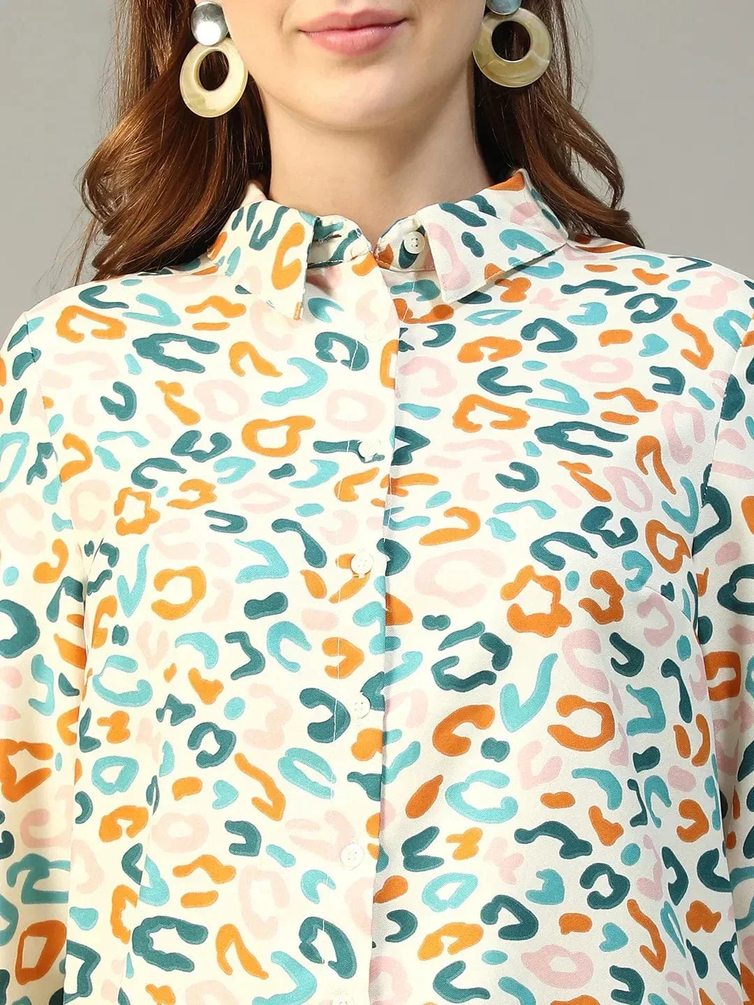 Multicolor Abstract Print Shirt - Women's Button Down Collared Long Sleeve Blouse - Image 6