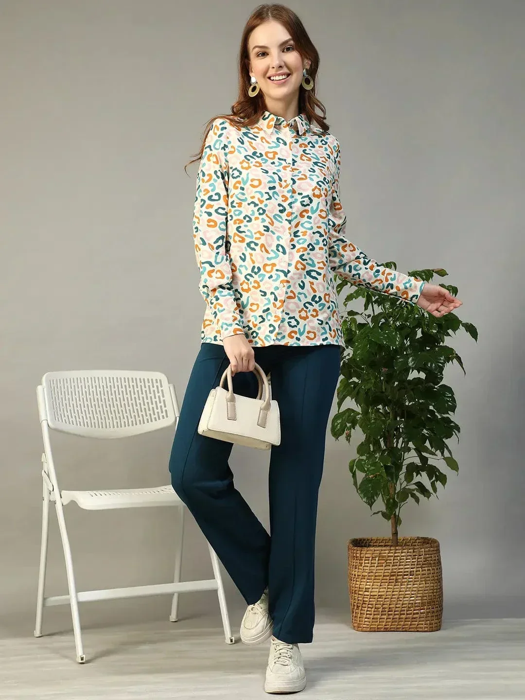 Multicolor Abstract Print Shirt - Women's Button Down Collared Long Sleeve Blouse - Image 8
