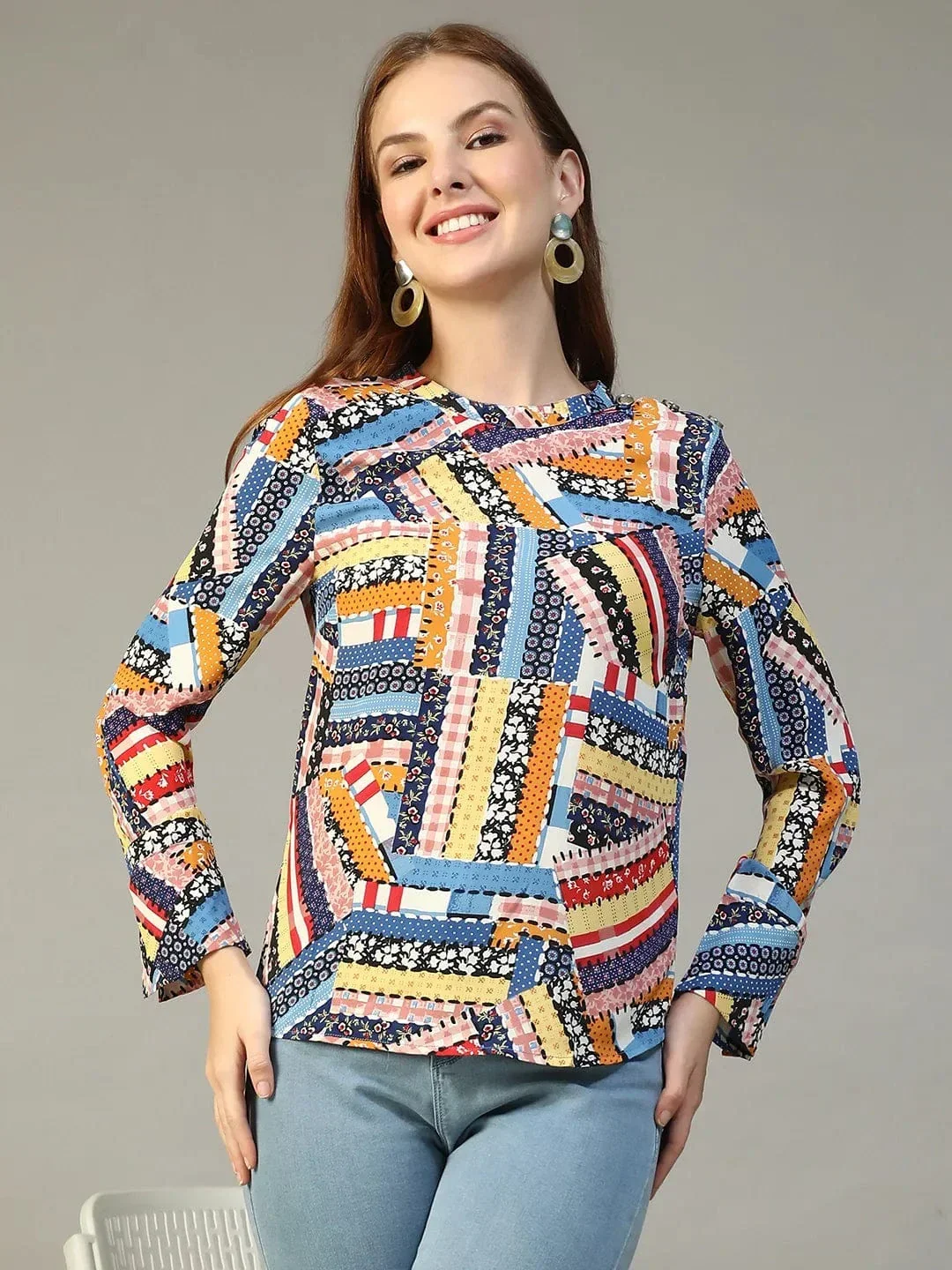 Multicolor Abstract Print Top - Women's Long Sleeve Round Neck Blouse, Lightweight Polyester