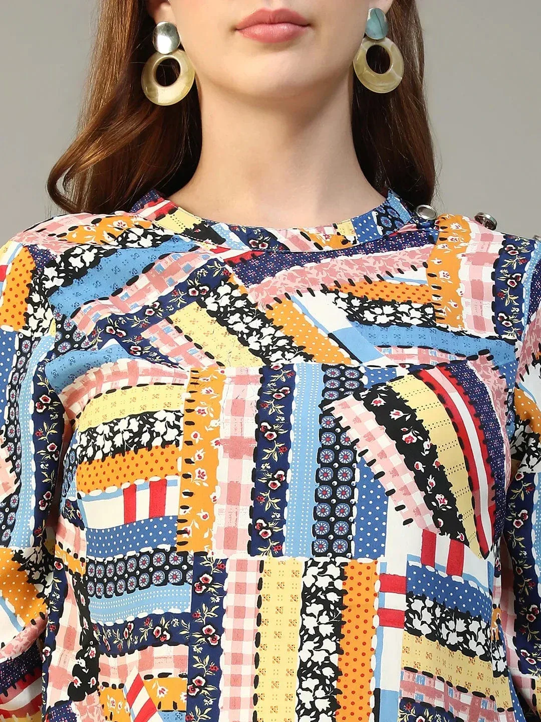 Multicolor Abstract Print Top - Women's Long Sleeve Round Neck Blouse, Lightweight Polyester - Image 6
