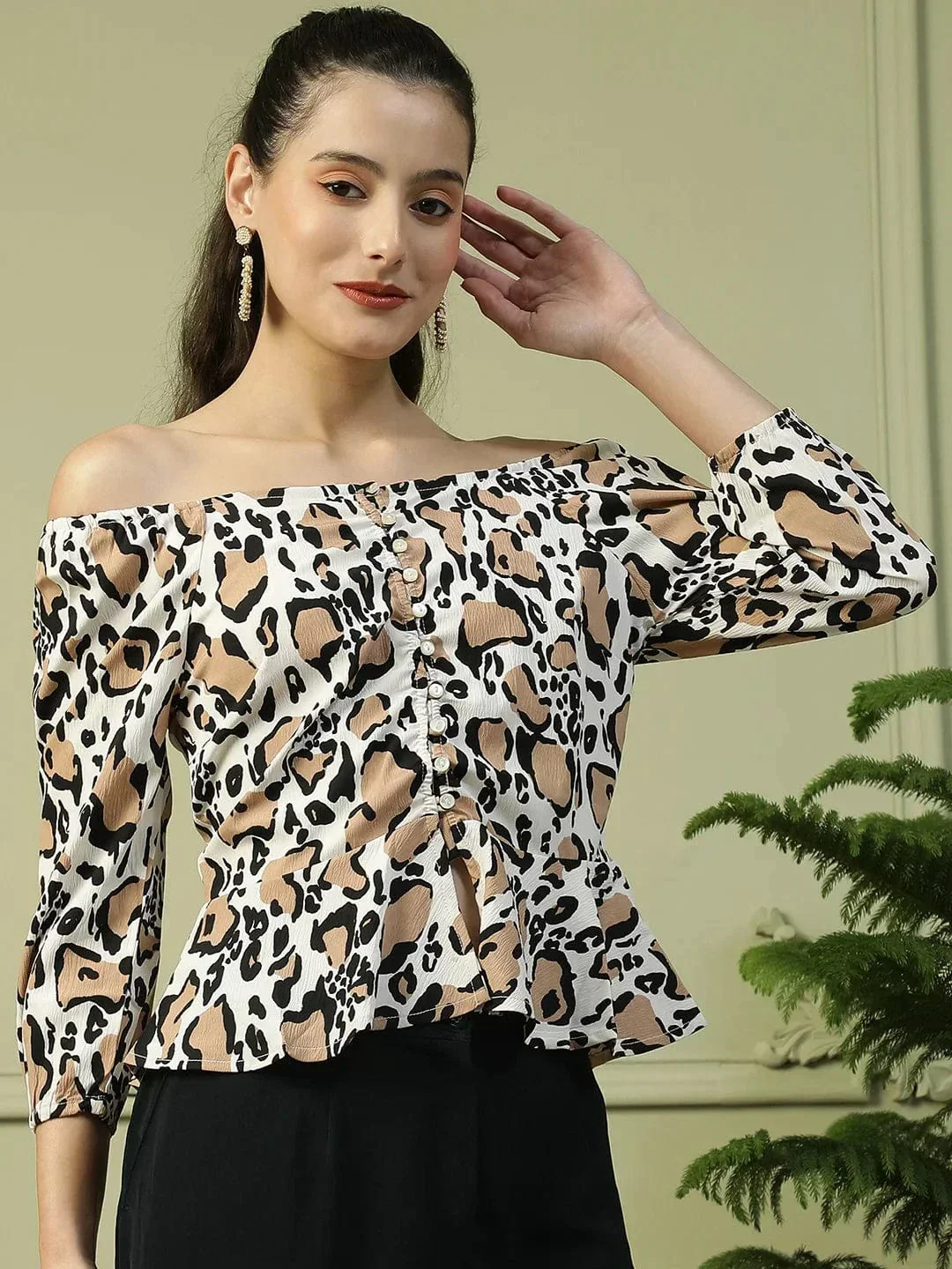 Multicolor Animal Print 3/4 Sleeve Women Off-Shoulder Peplum Top - Image 4
