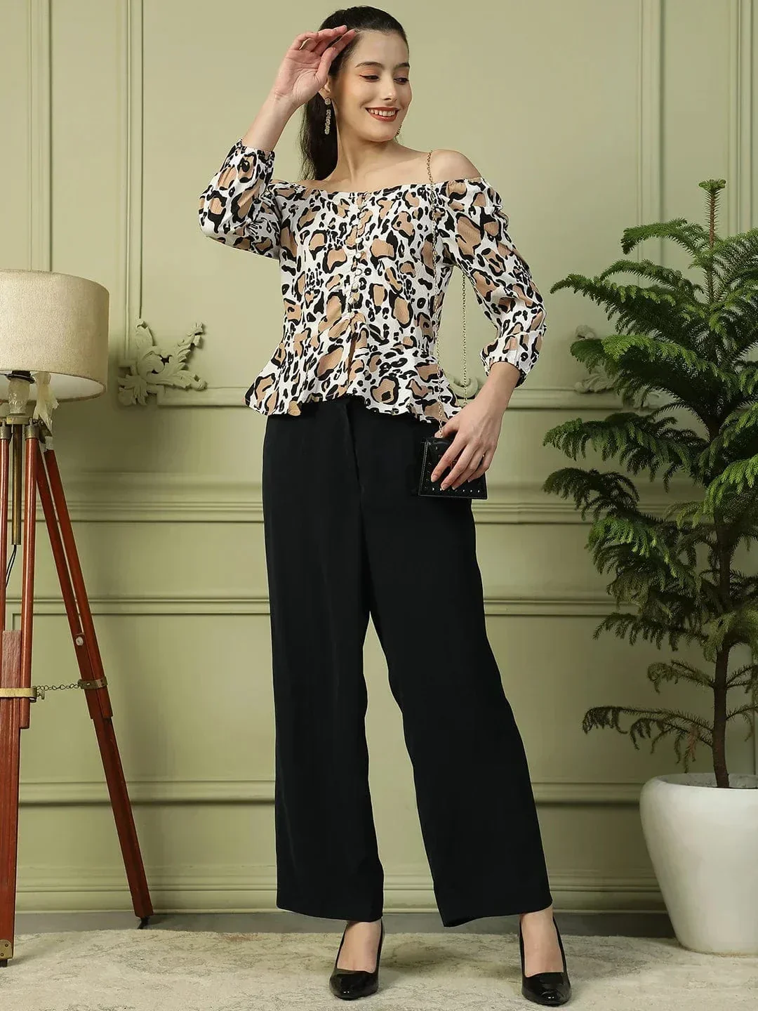Multicolor Animal Print 3/4 Sleeve Women Off-Shoulder Peplum Top - Image 8