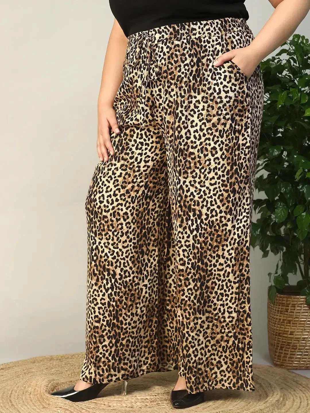 Multicolor Animal Print Elasticated With Tie-Up Detail Plus Size Women Flare Pant - Image 3