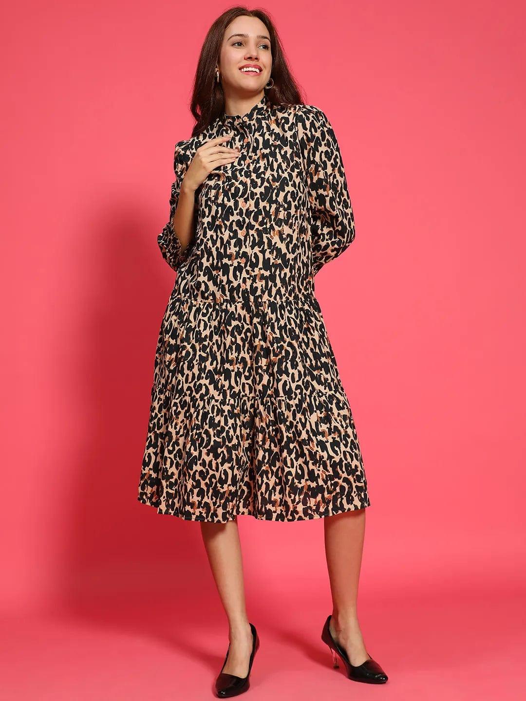 Multicolor Animal Print Mandarin Collar Long Sleeve Button Down Women Cotton Shirt Women Dress