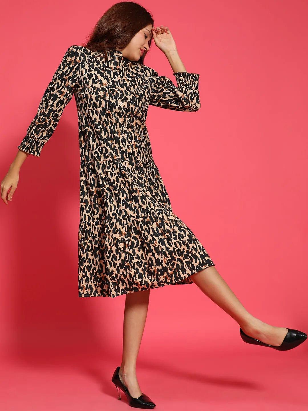 Multicolor Animal Print Mandarin Collar Long Sleeve Button Down Women Cotton Shirt Women Dress - Image 2