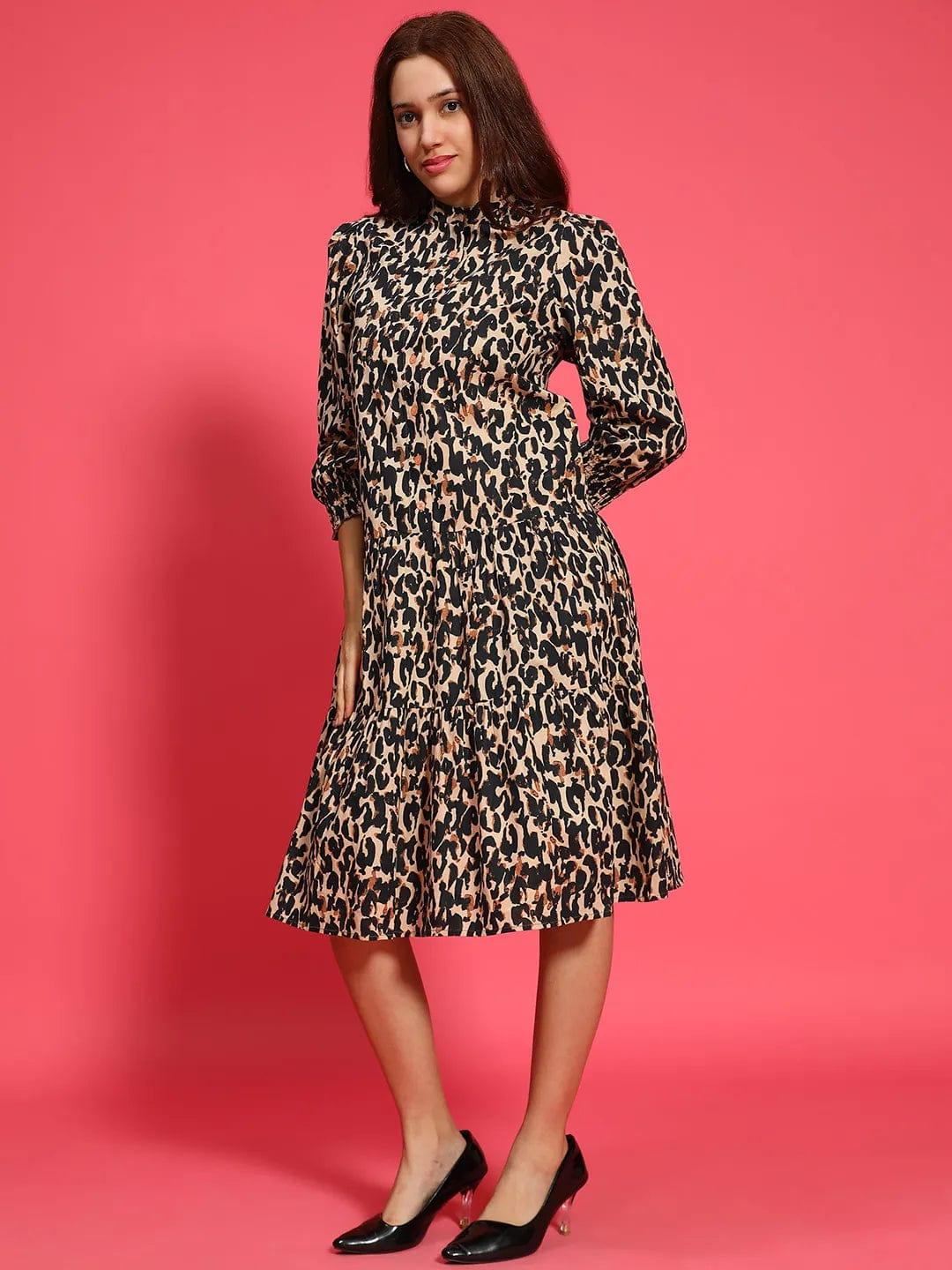Multicolor Animal Print Mandarin Collar Long Sleeve Button Down Women Cotton Shirt Women Dress - Image 3