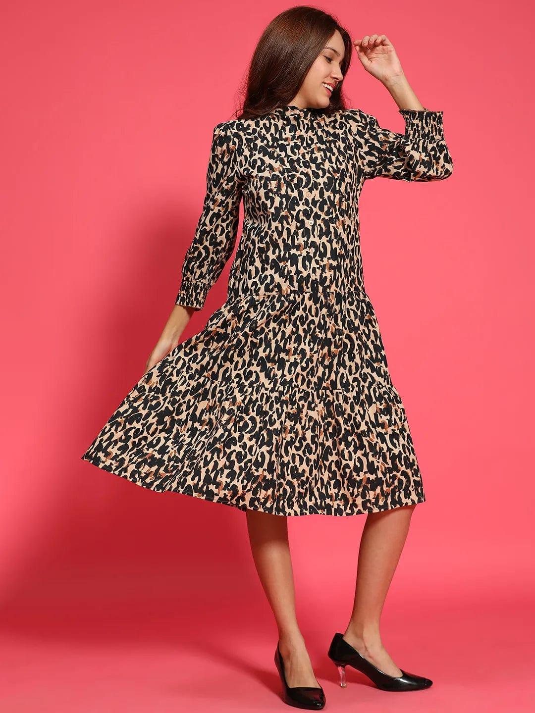 Multicolor Animal Print Mandarin Collar Long Sleeve Button Down Women Cotton Shirt Women Dress - Image 4