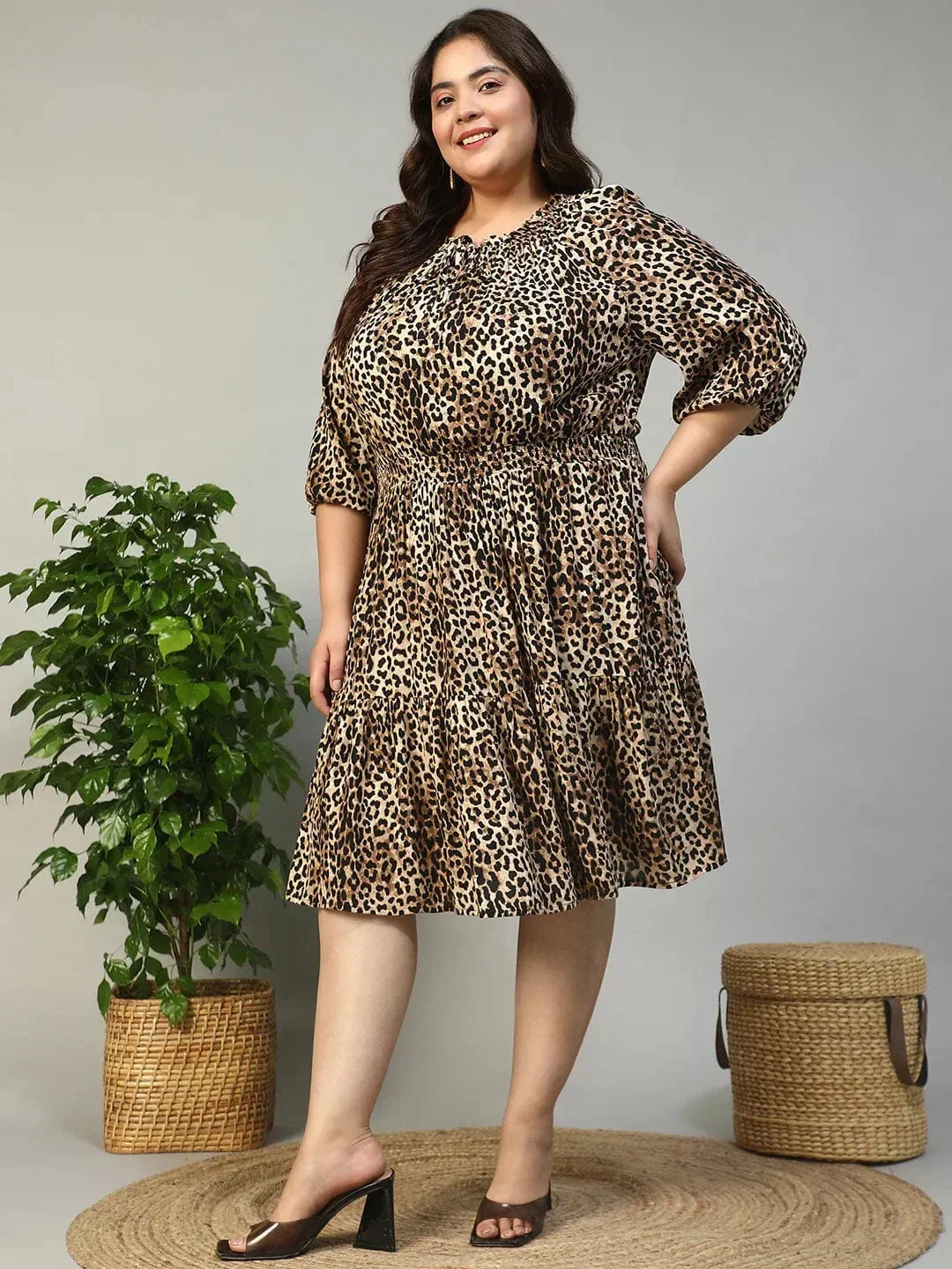 Multicolor Animal Print Tie-Up Detail Elasticated 3/4 Length Sleeve Plus Size Women Dress