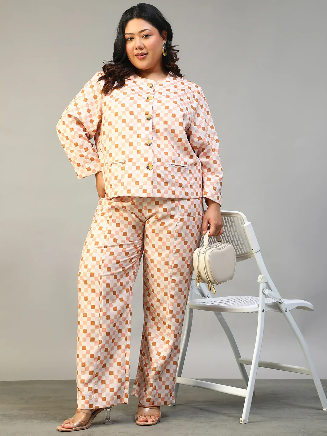 Multicolor Check Plus Size Women's Co-Ord Set - Image 4