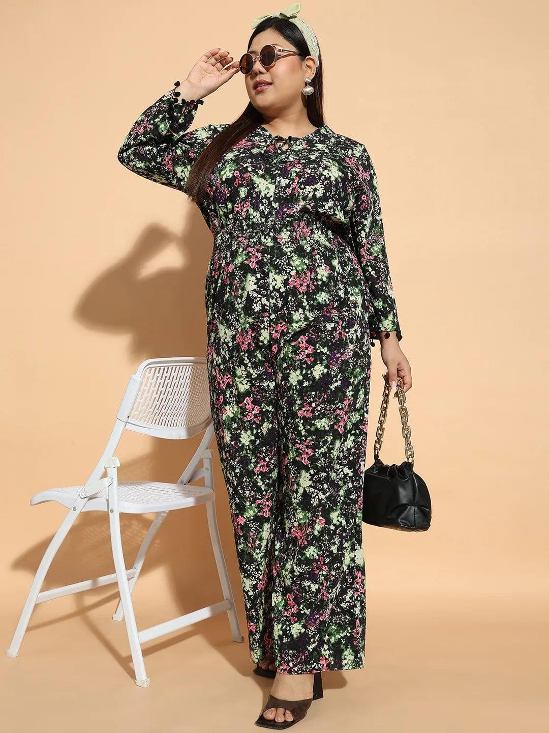Multicolor Floral Print 3/4 Sleeve Elasticated Plus Size Women Jumpsuit