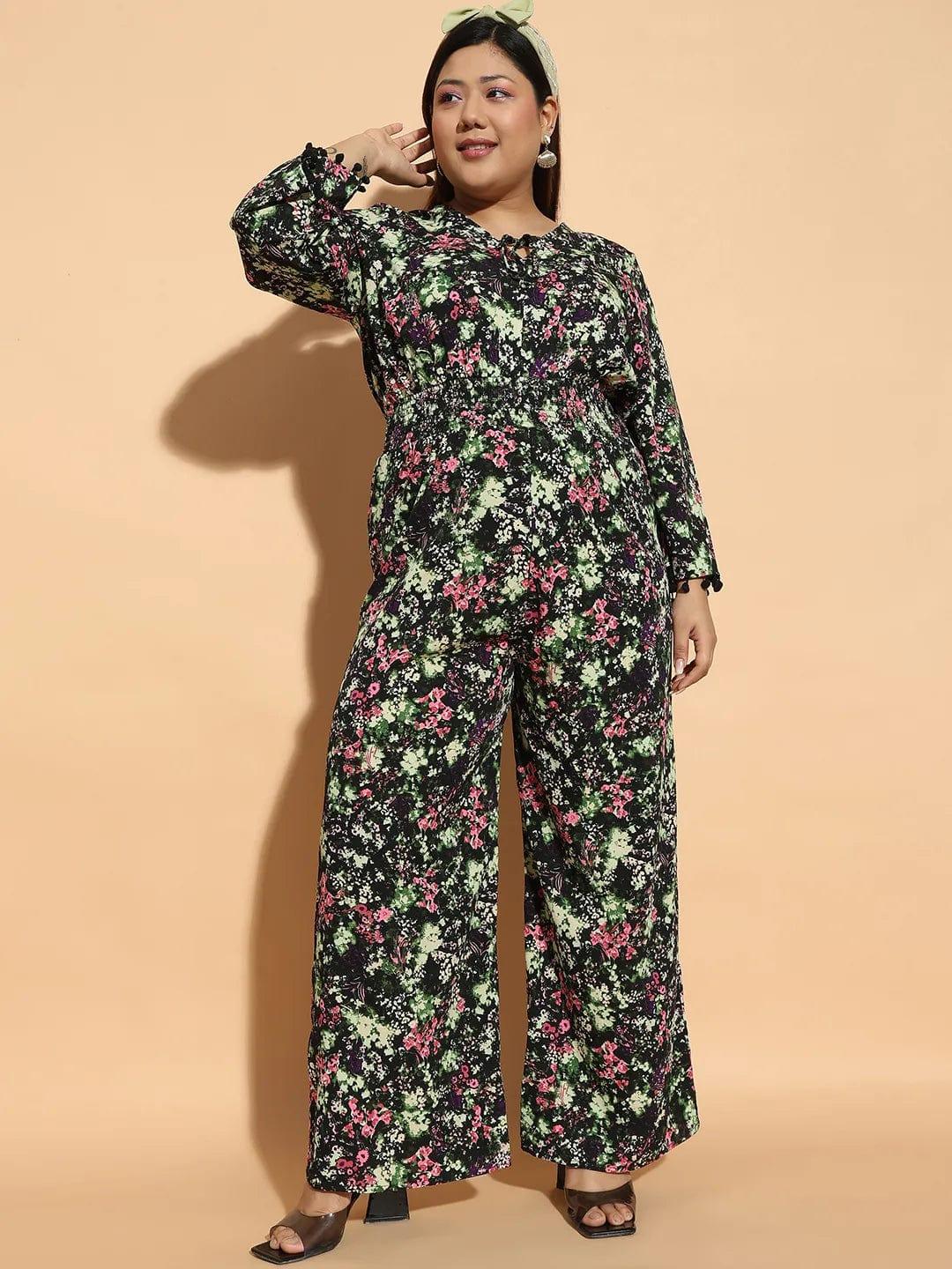 Multicolor Floral Print 3/4 Sleeve Elasticated Plus Size Women Jumpsuit - Image 2